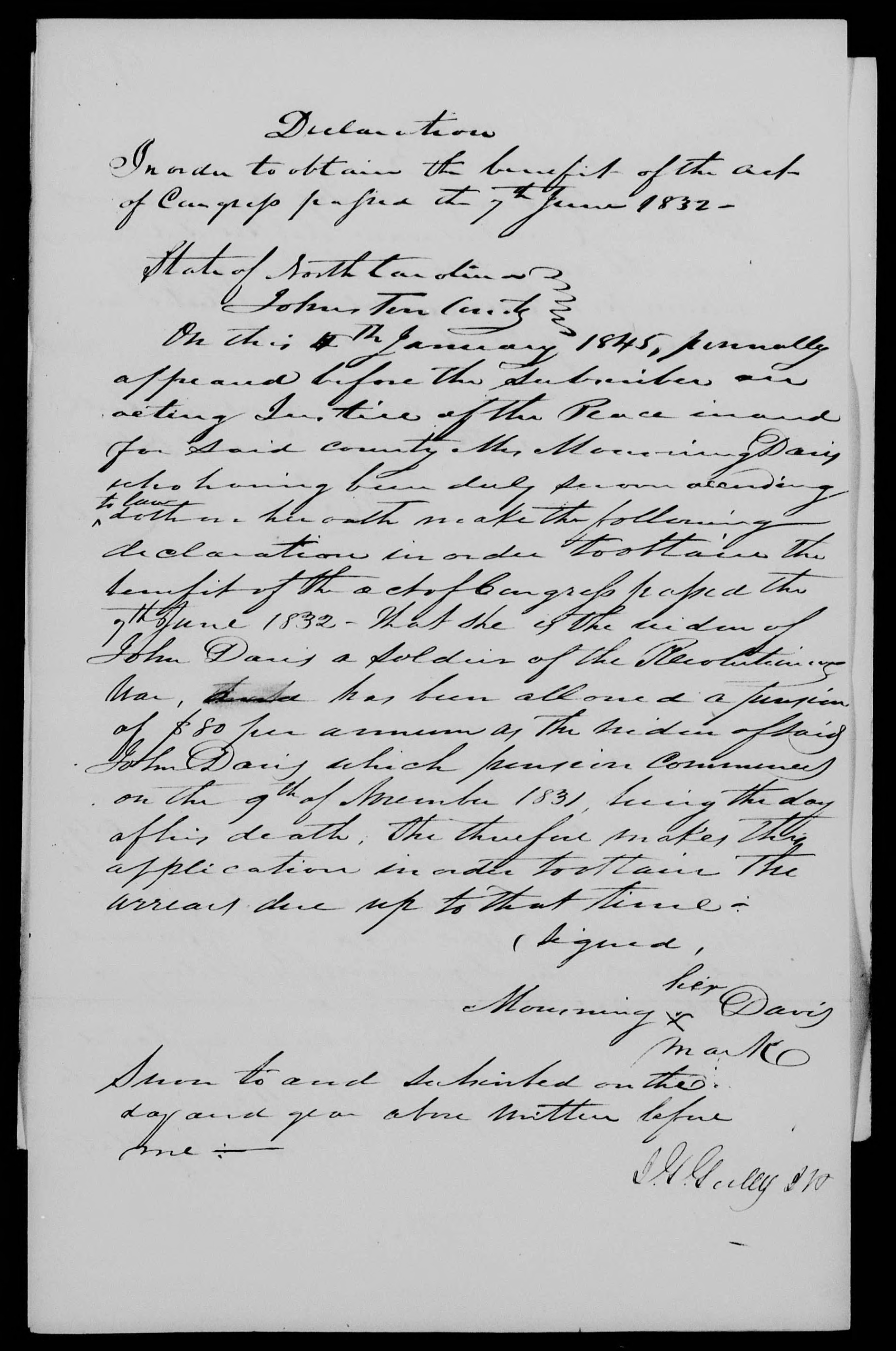Declaration for receiving a widow's pension by Mourning Davis, 4 January 1845, page 1