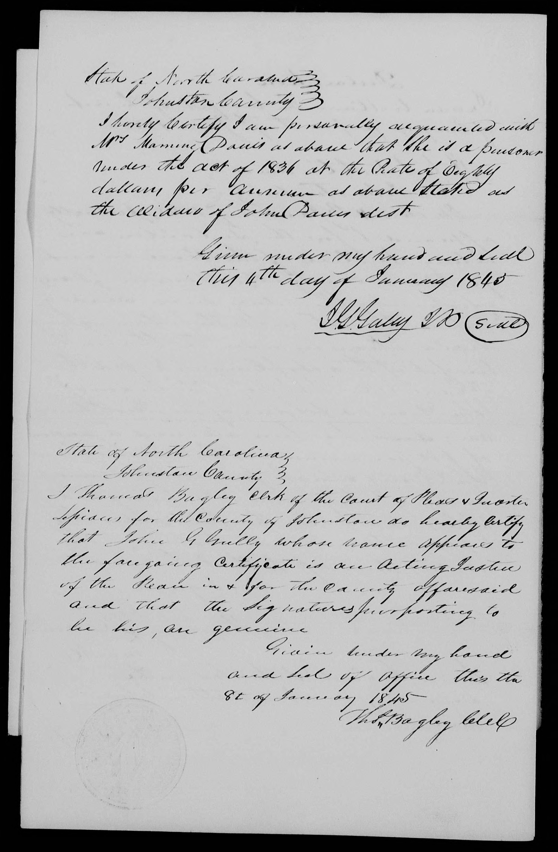 Declaration for receiving a widow's pension by Mourning Davis, 4 January 1845, page 2