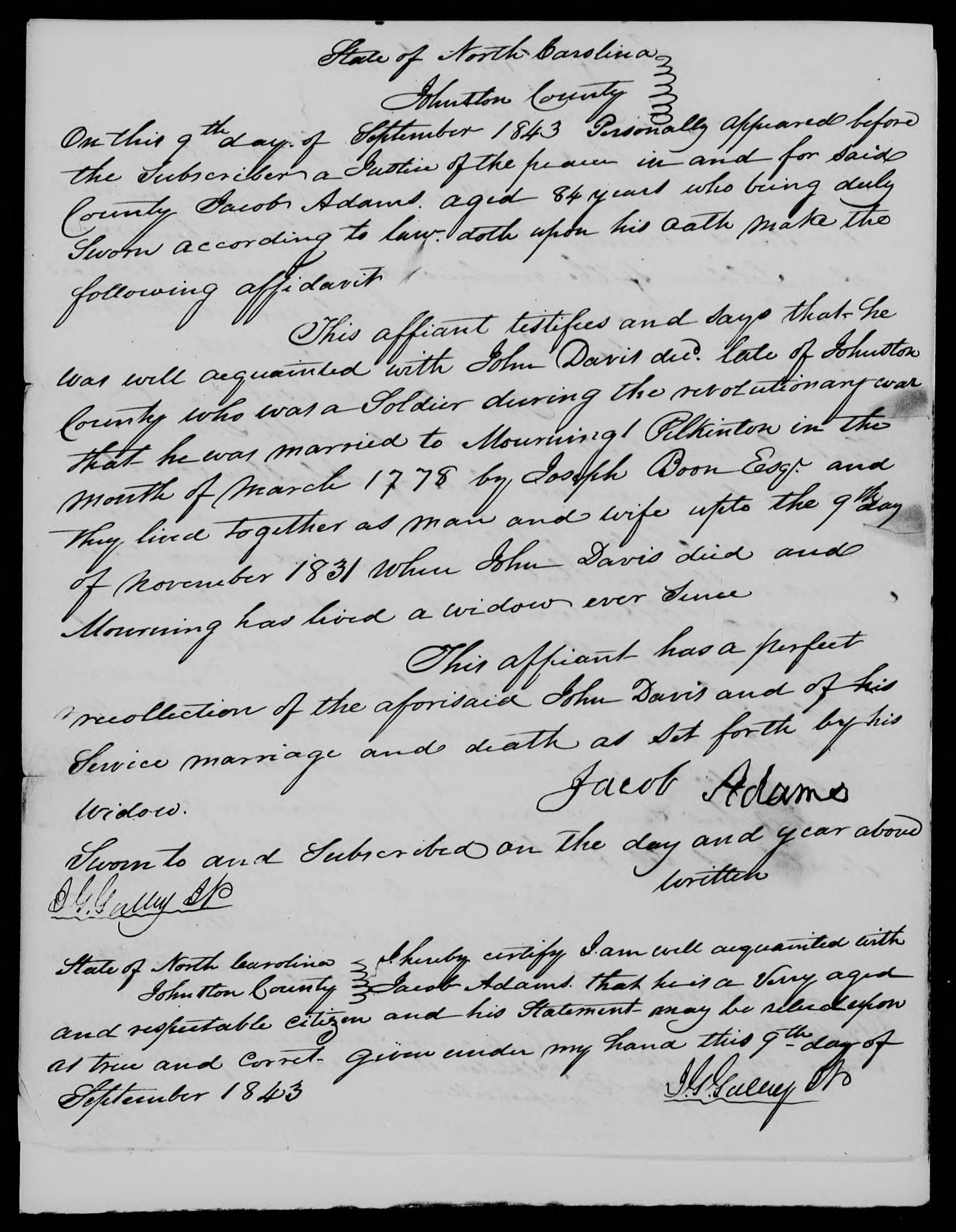 Affidavit of Jacob Adams in support of a Pension Claim for Mourning Davis, 9 September 1843