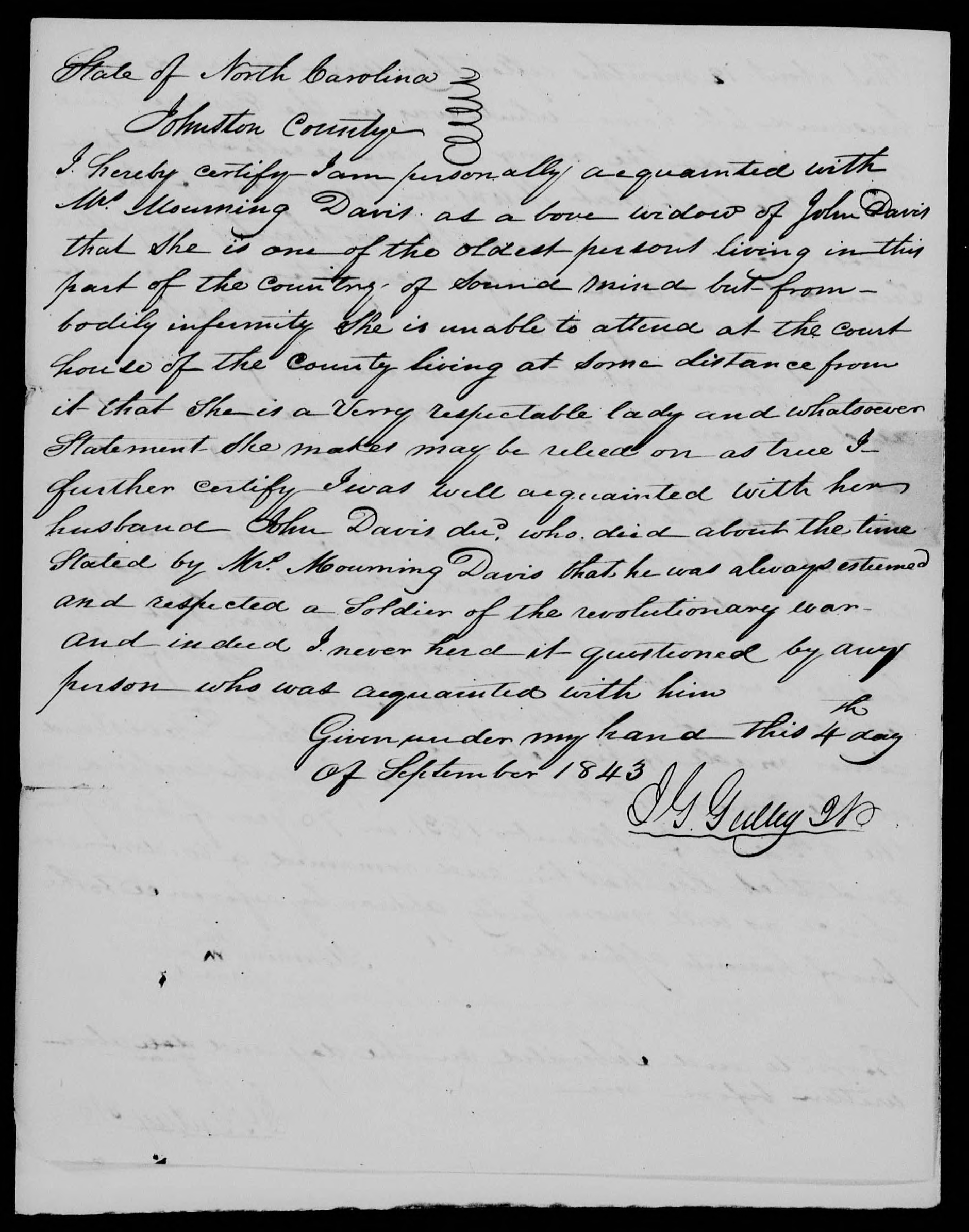 Application for a Widow's Pension from Mourning Davis, 4 September 1843, page 2