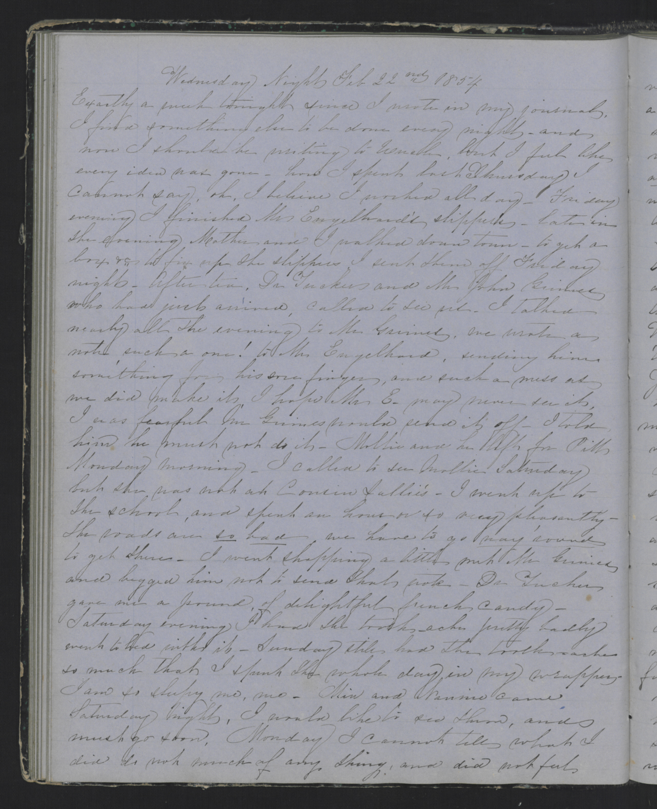 Diary Entry from Margaret Eliza Cotten, 22 February 1854, Page 1
