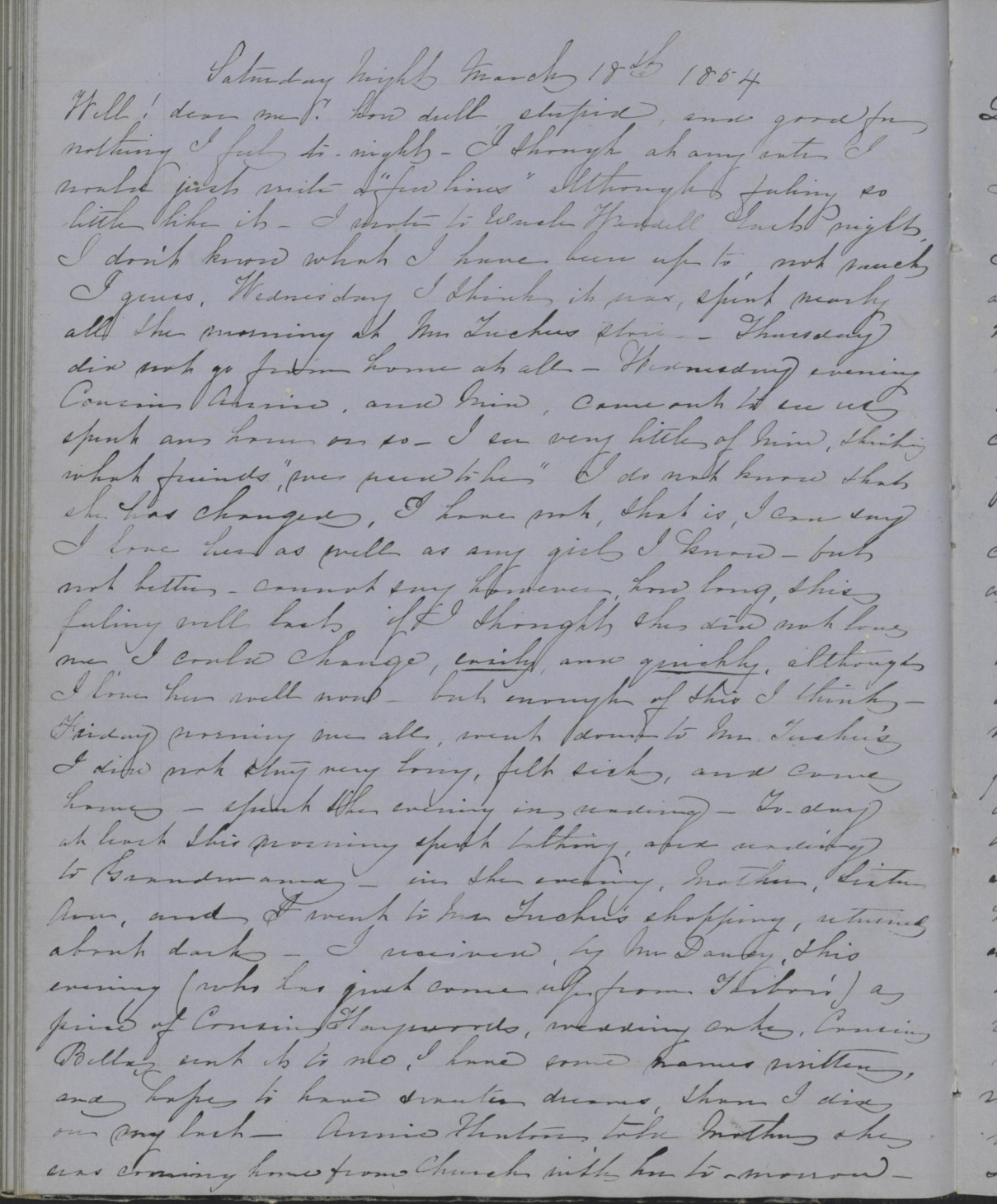 Diary Entry from Margaret Eliza Cotten, 18 March 1854