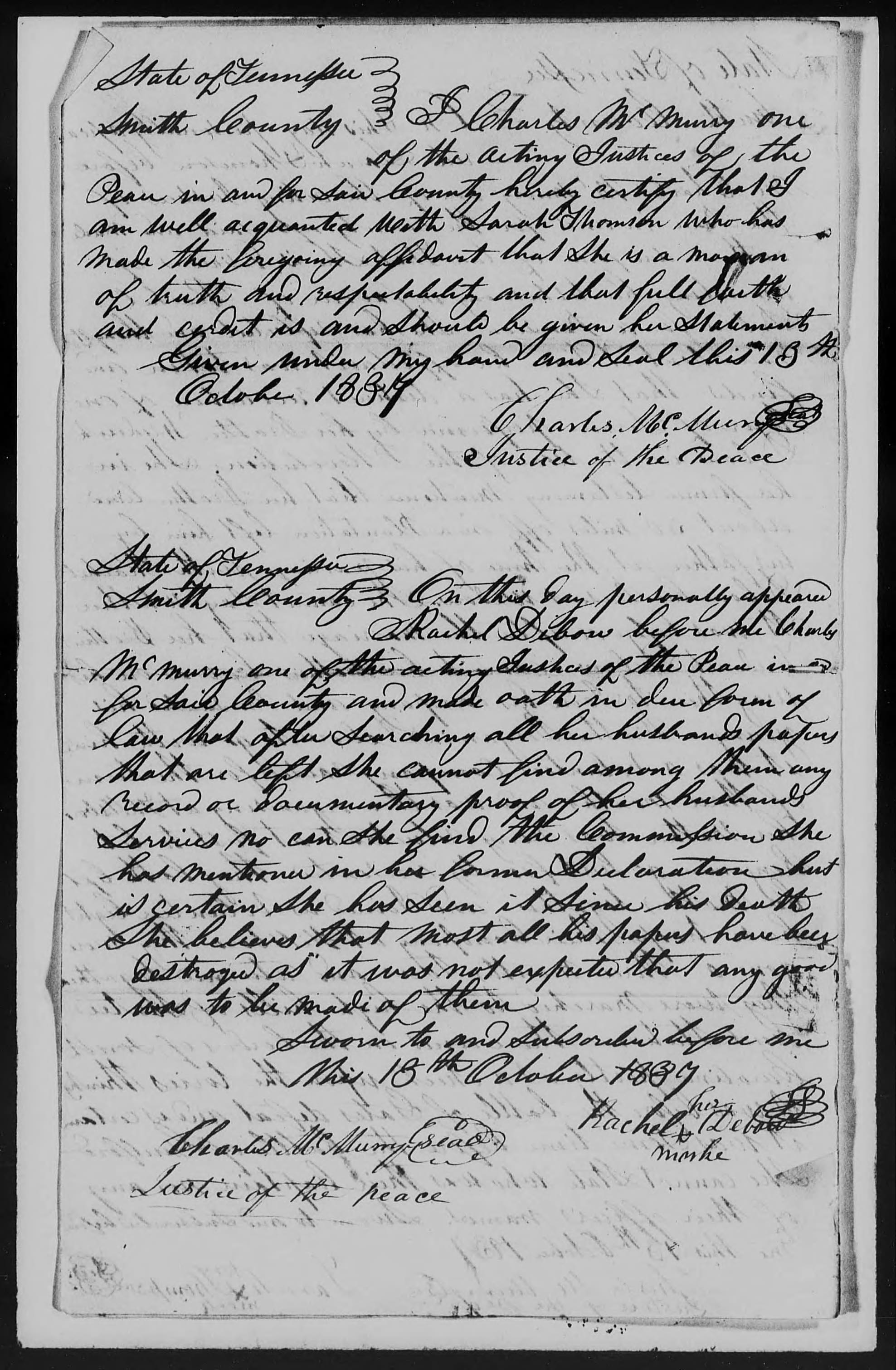 Affidavit of Sarah Thompson in support of a Pension Claim for Rachel Debow, 13 October 1837, page 2