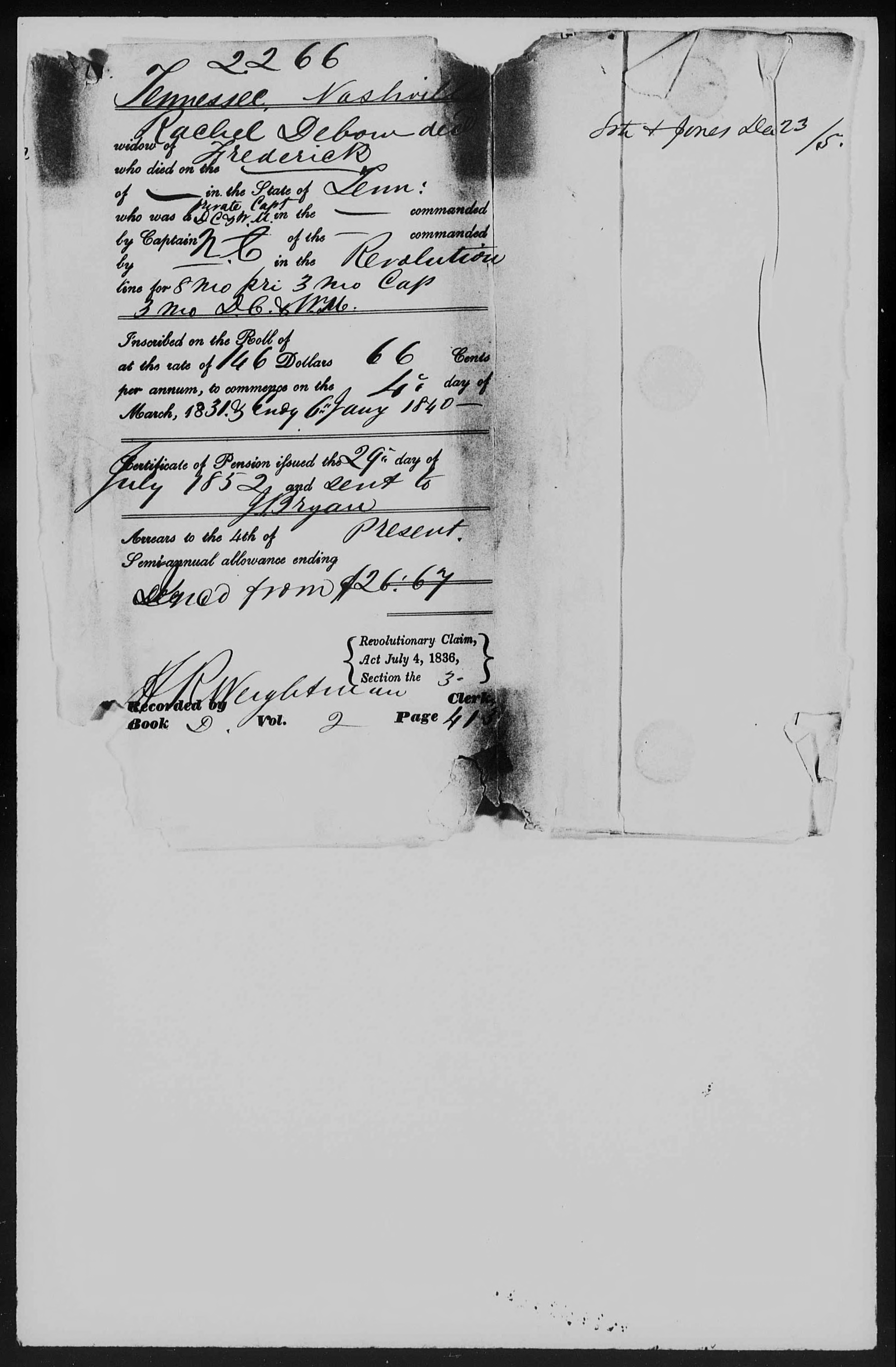 Docket for Widow's Pension from the U.S. Pension Office for Rachel Debow, 29 July 1852