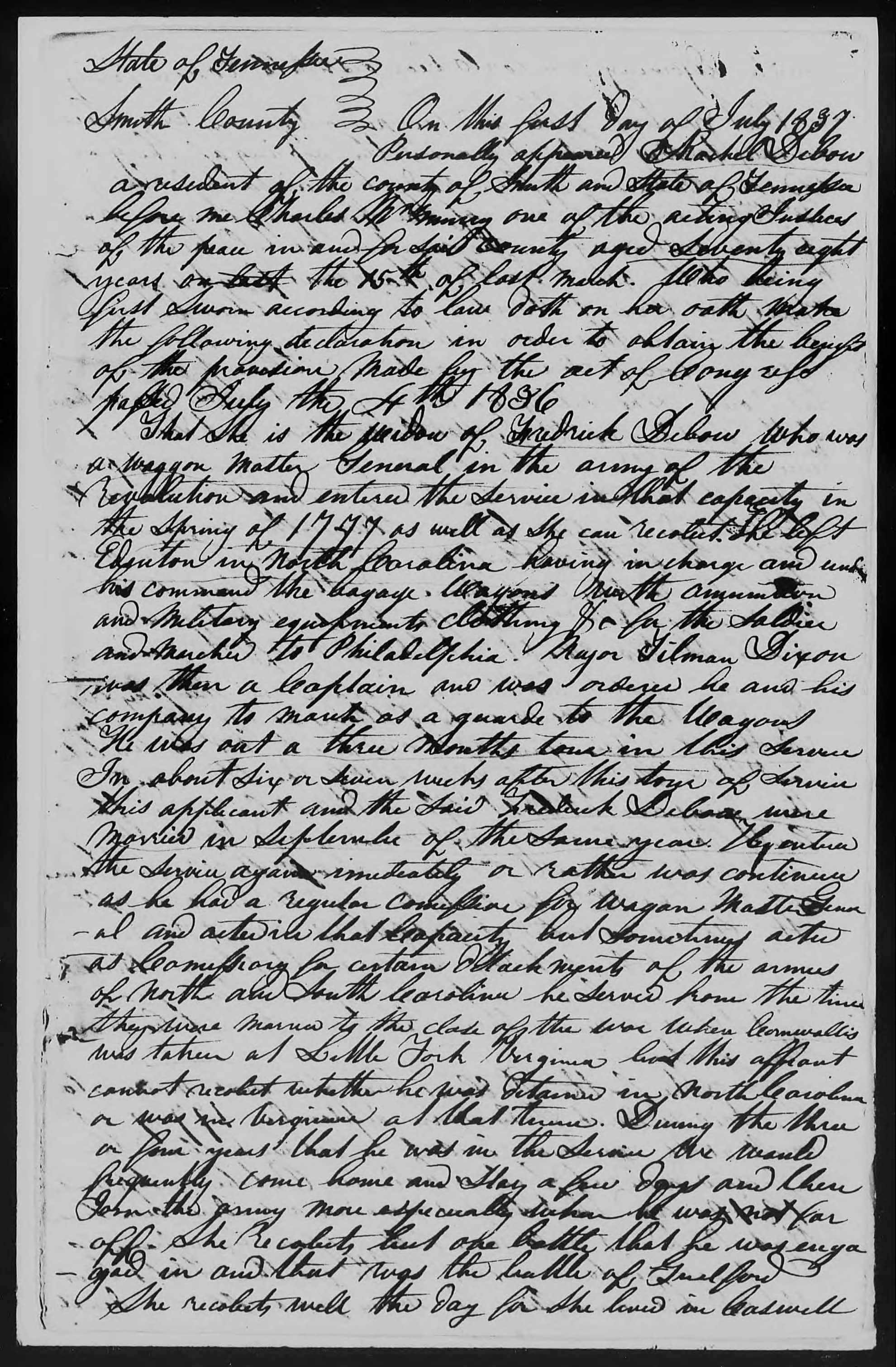 Application for a Widow's Pension from Rachel Debow, 1 July 1837, page 1