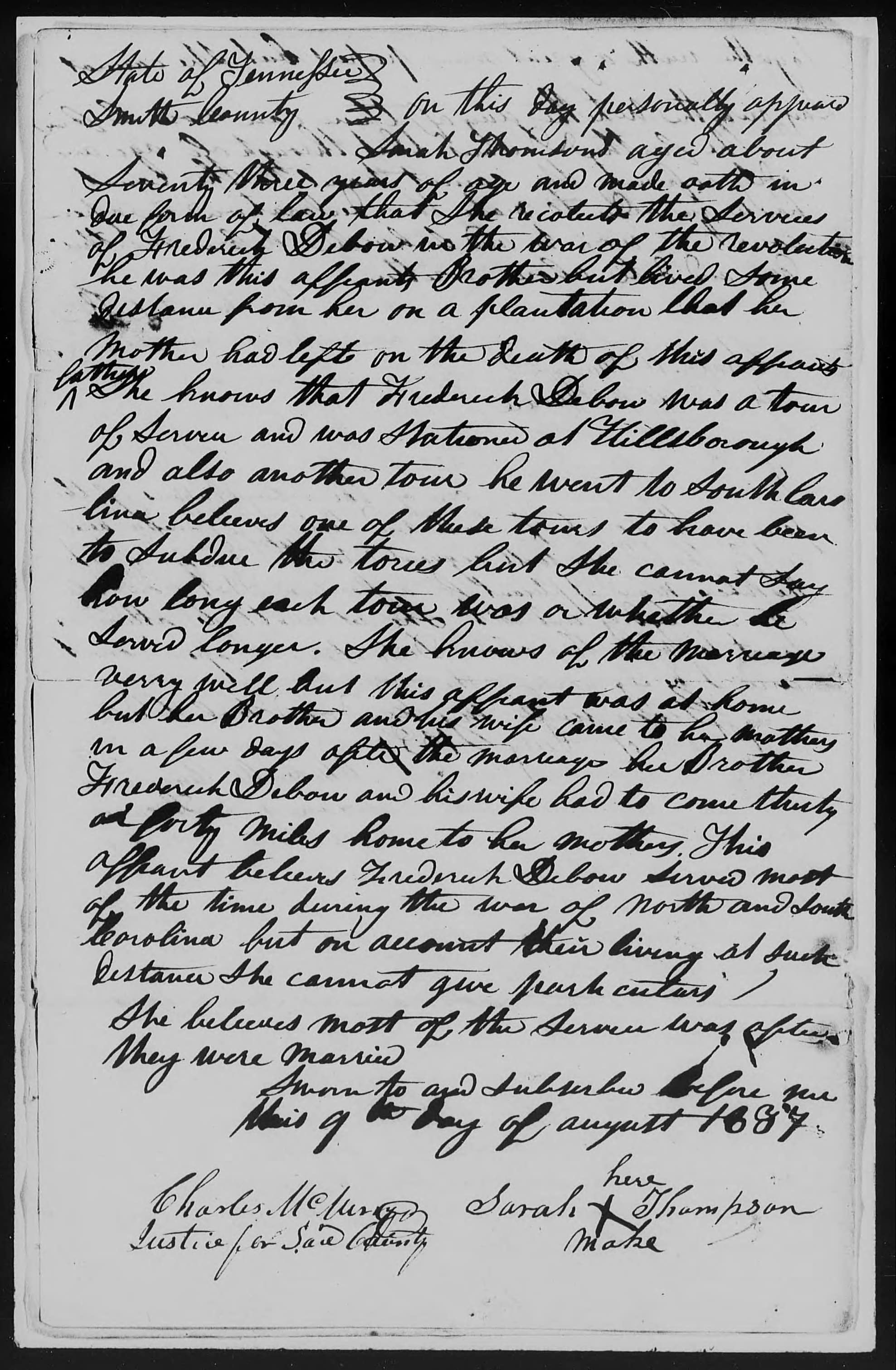 Affidavit of Sarah Thompson in support of a Pension Claim for Rachel Debow, 9 August 1837