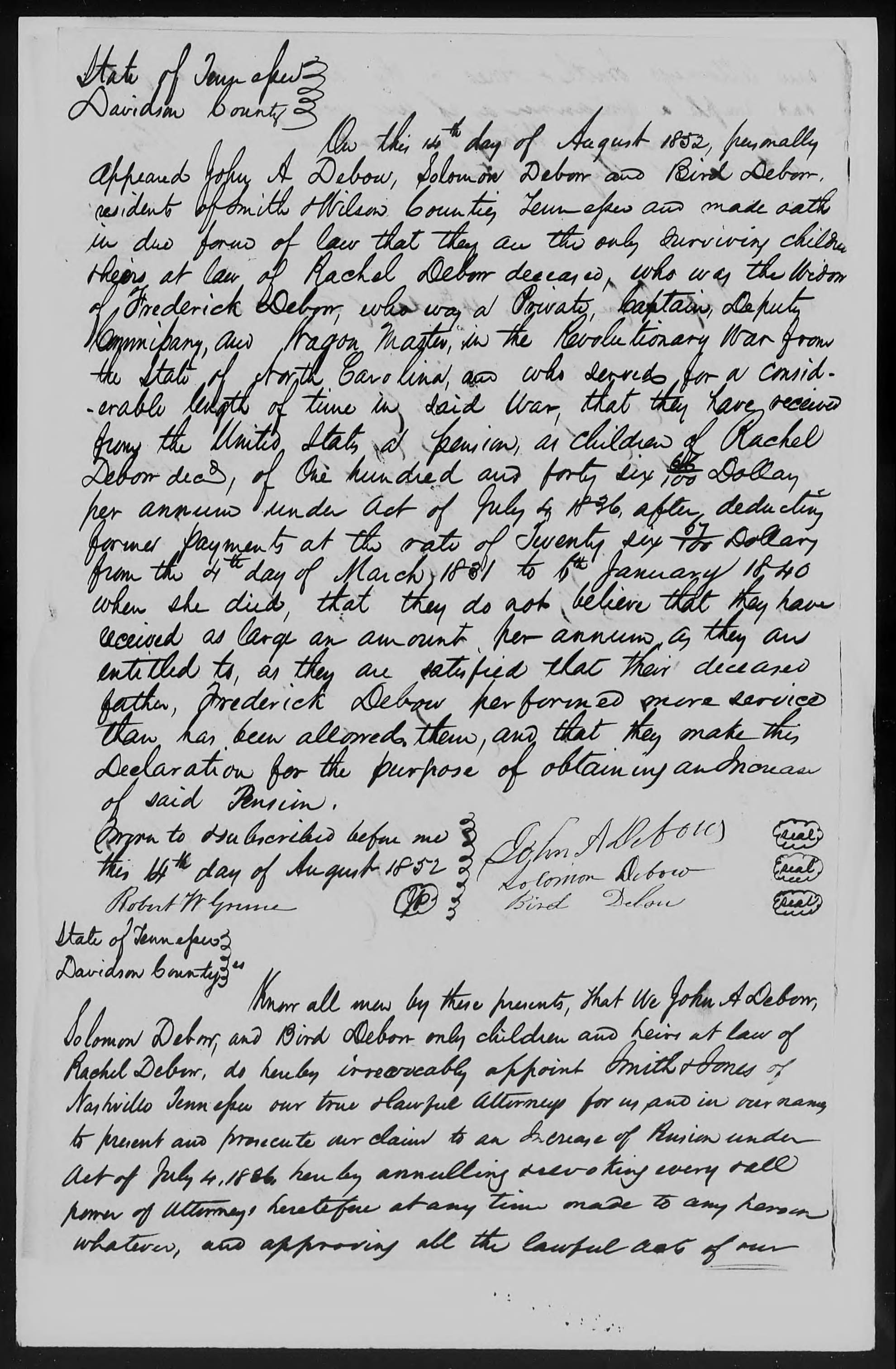 Declaration of Heirs of Rachel Debow to the U.S. Pension Office, 4 August 1852, page 1