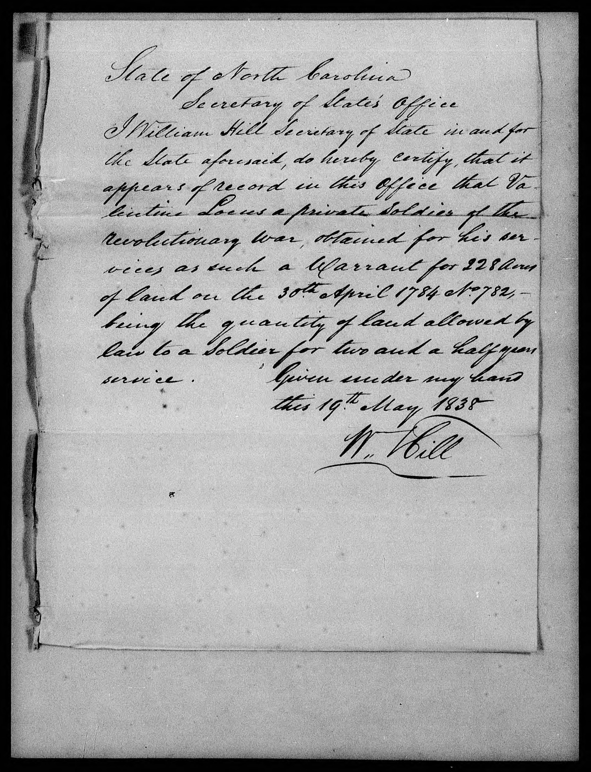 Proof of Service for Valentine Locus, 19 May 1838