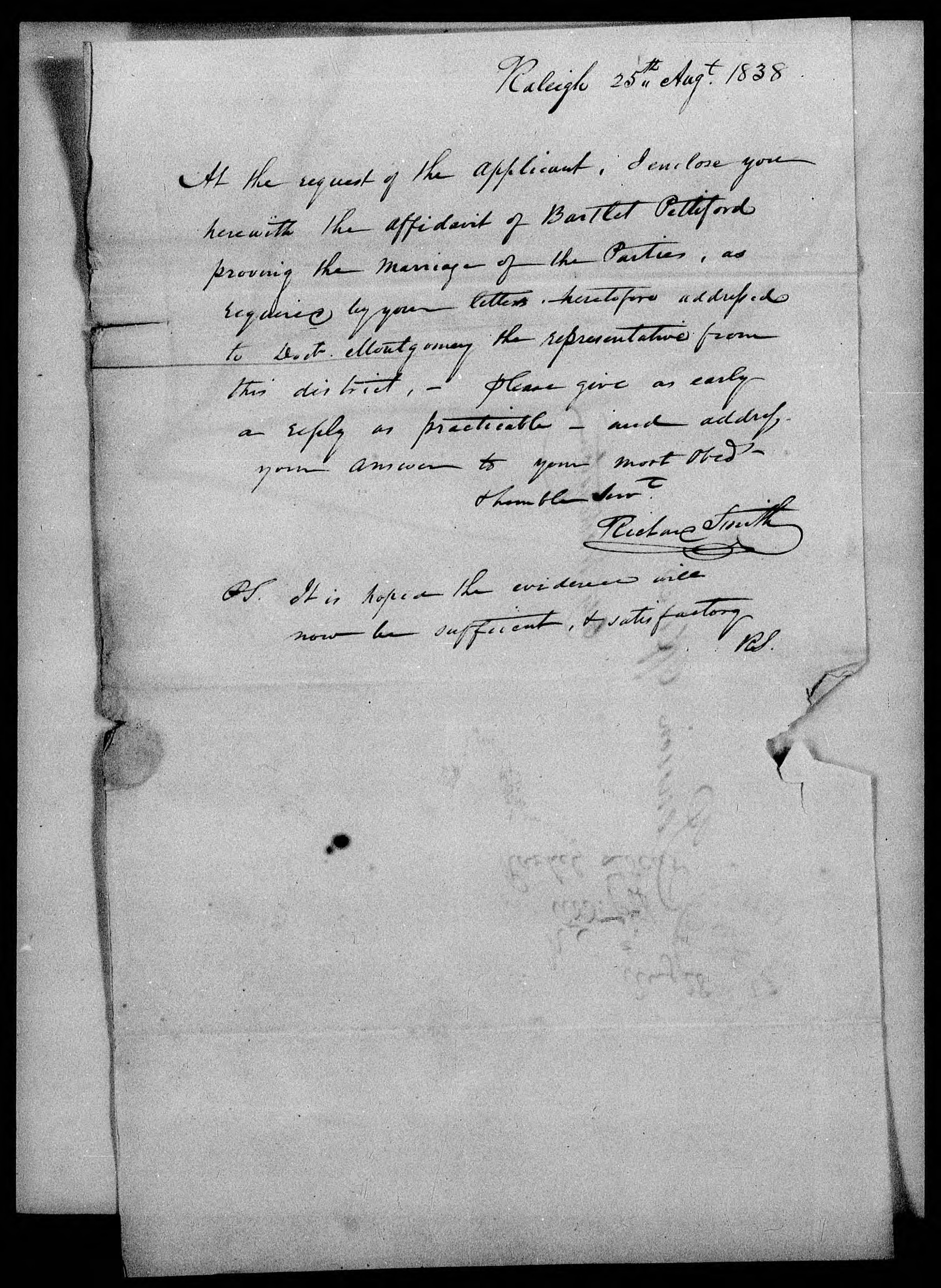 Letter from Richard Smith to the United States Pension Office, 25 August 1838, page 1