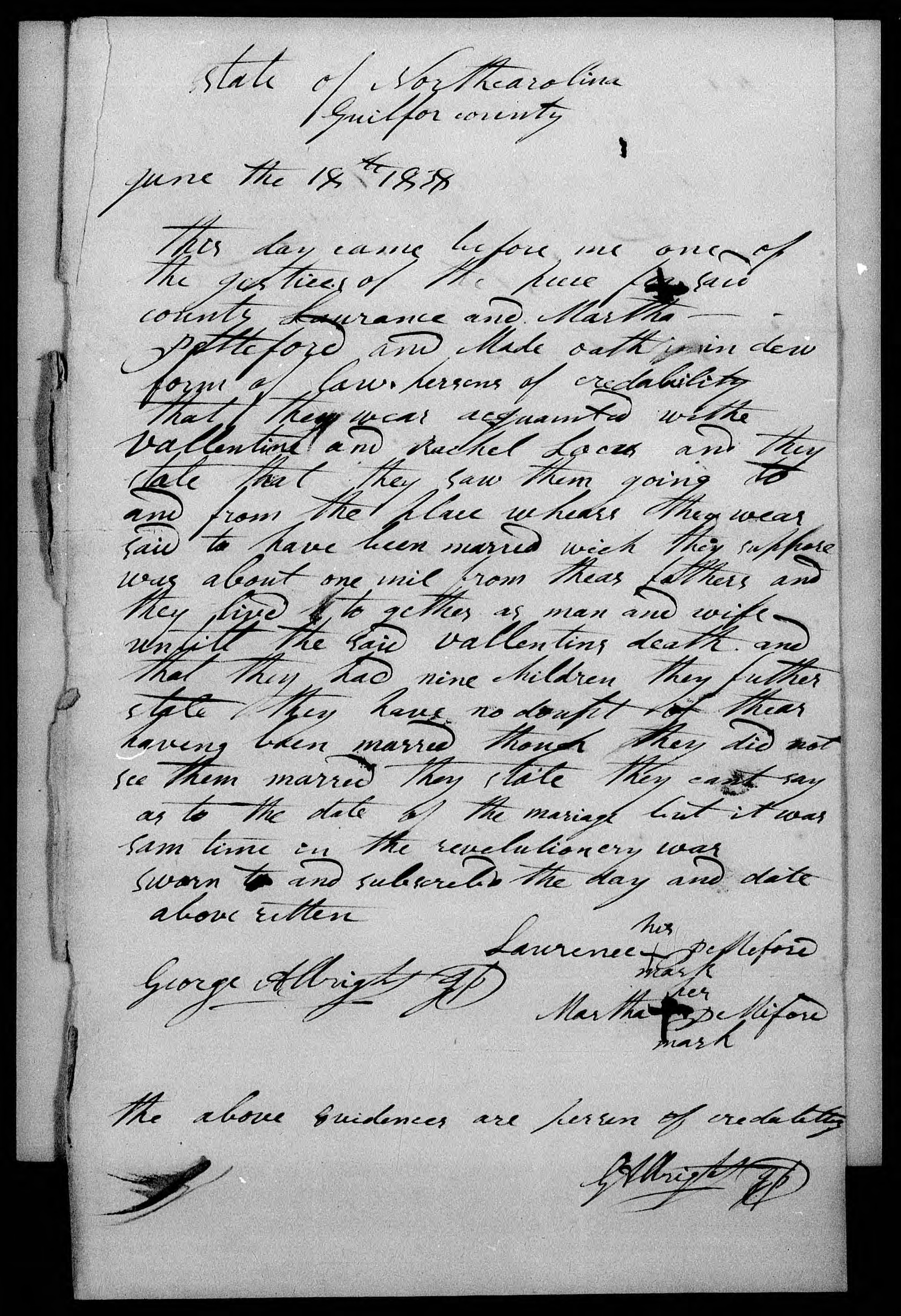 Affidavit of Laurence and Martha Pettiford in support of a Pension Claim for Rachel Locus, 18 June 1838, page 1