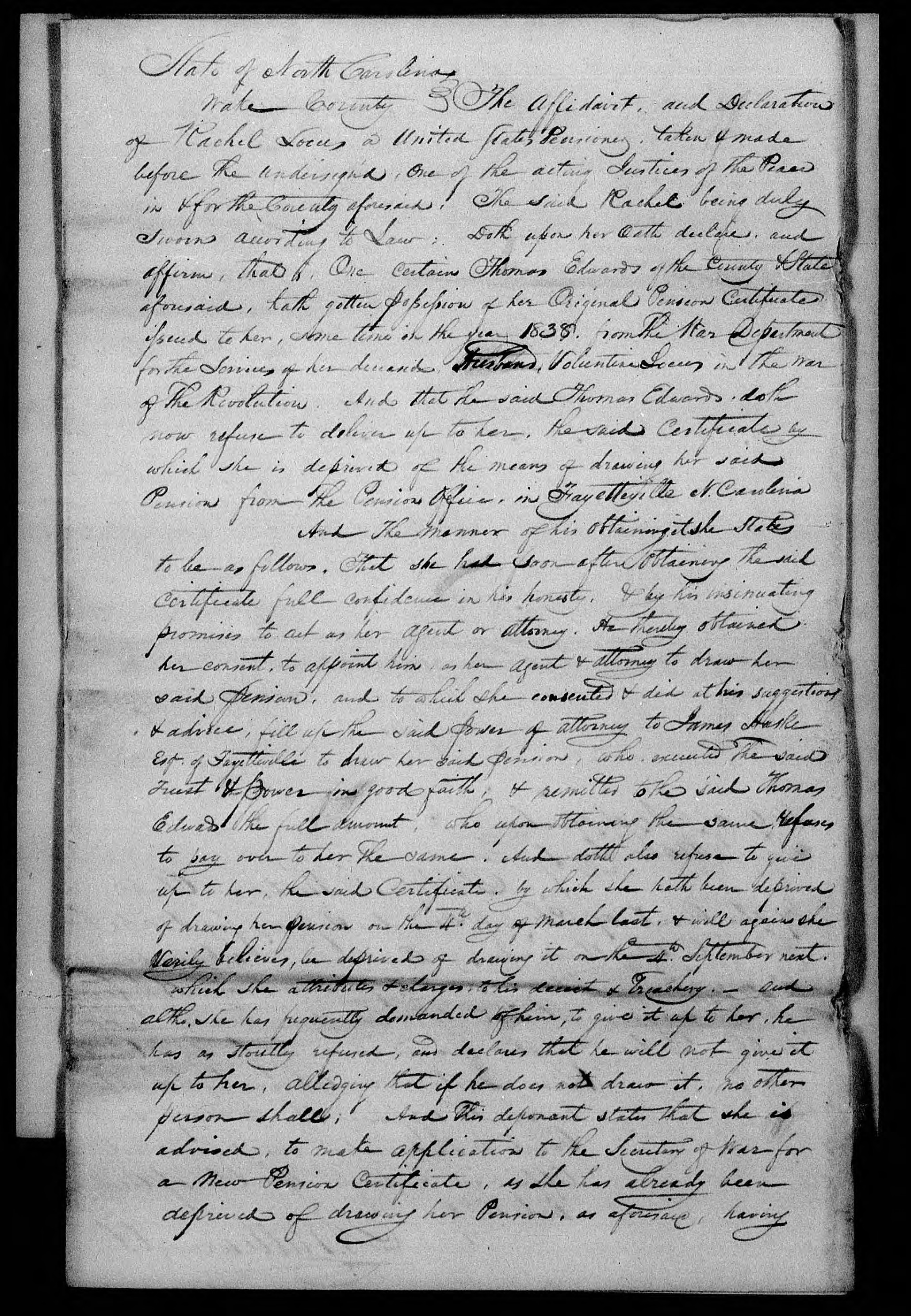 Affidavit of Rachel Locus concerning her Pension Claim, 6 August 1839, page 1