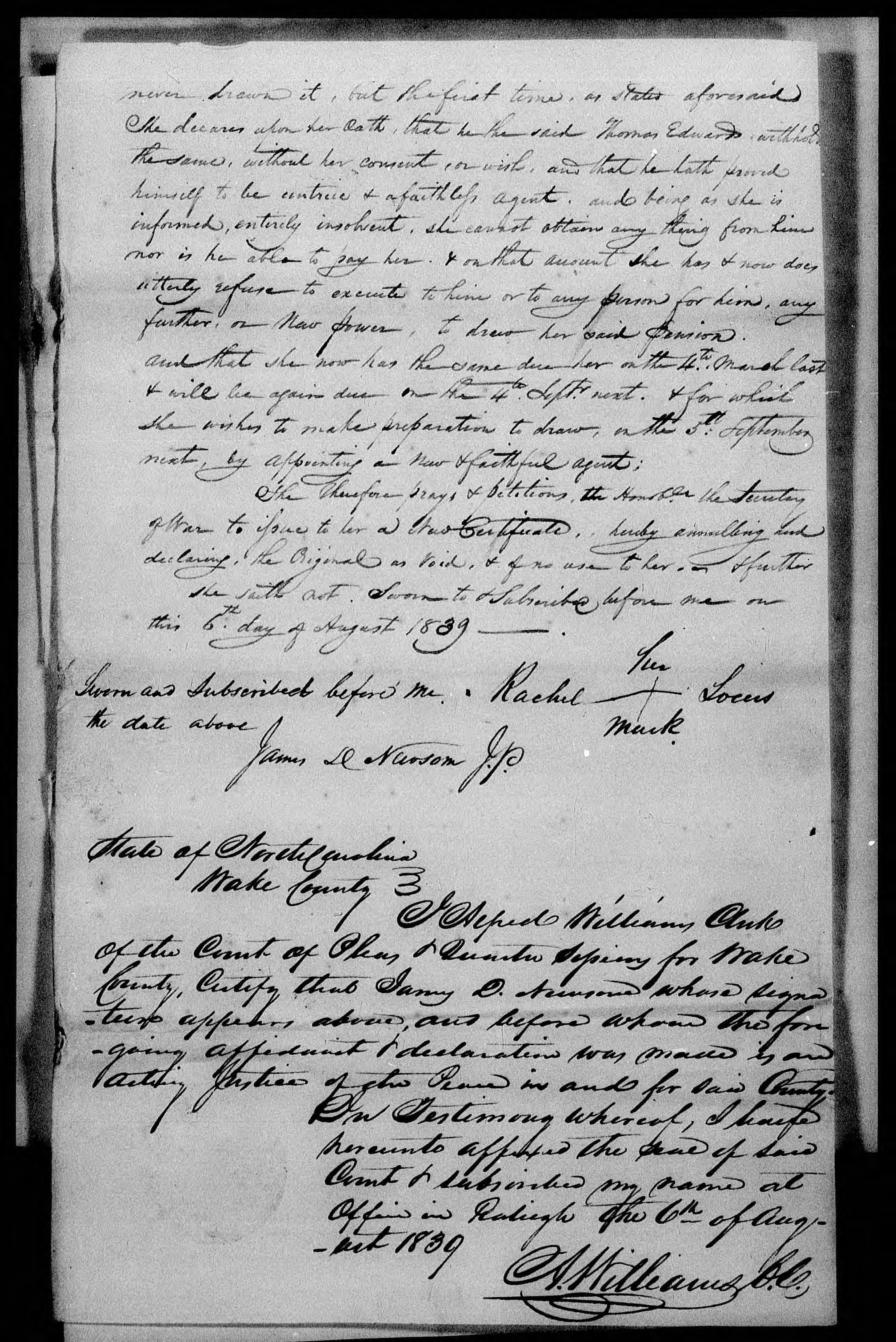 Affidavit of Rachel Locus concerning her Pension Claim, 6 August 1839, page 2