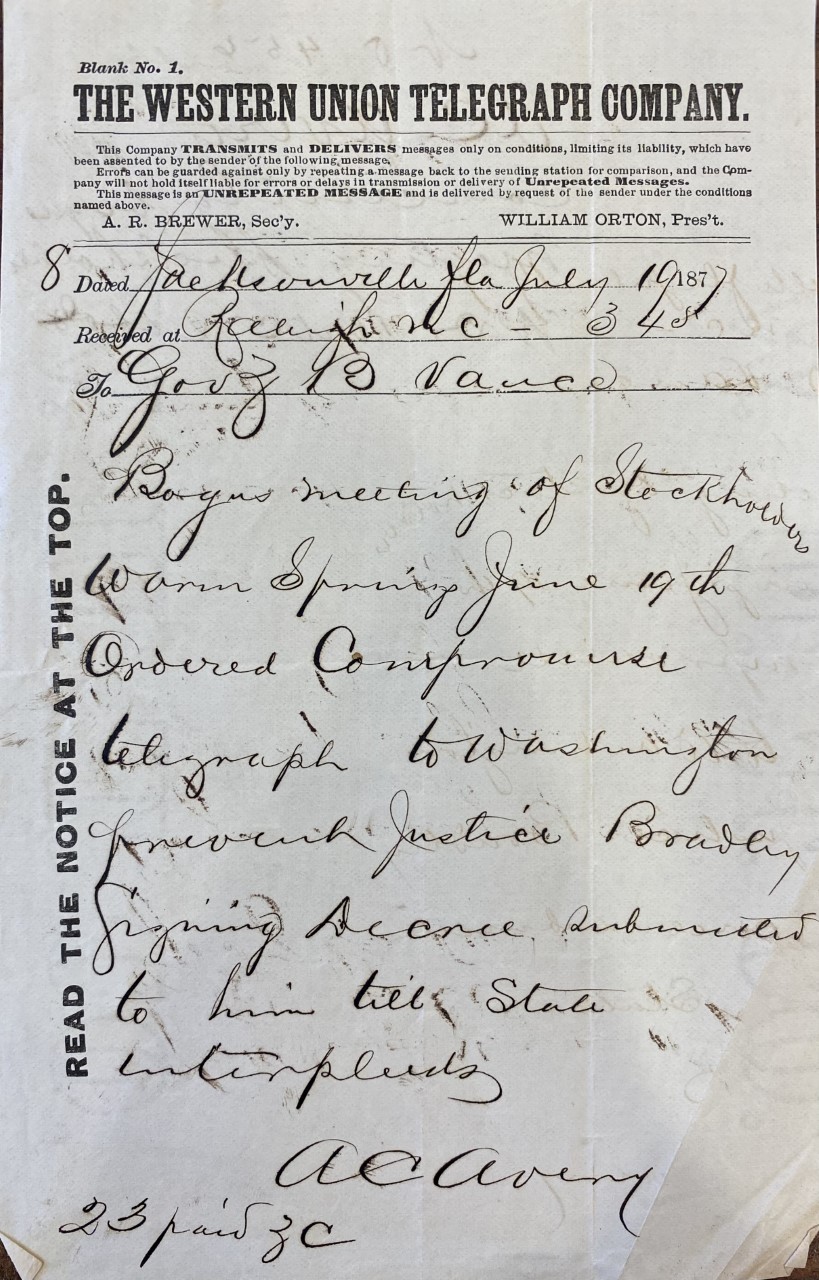 Telegram from A. C. Avery to Governor Zebulon B. Vance