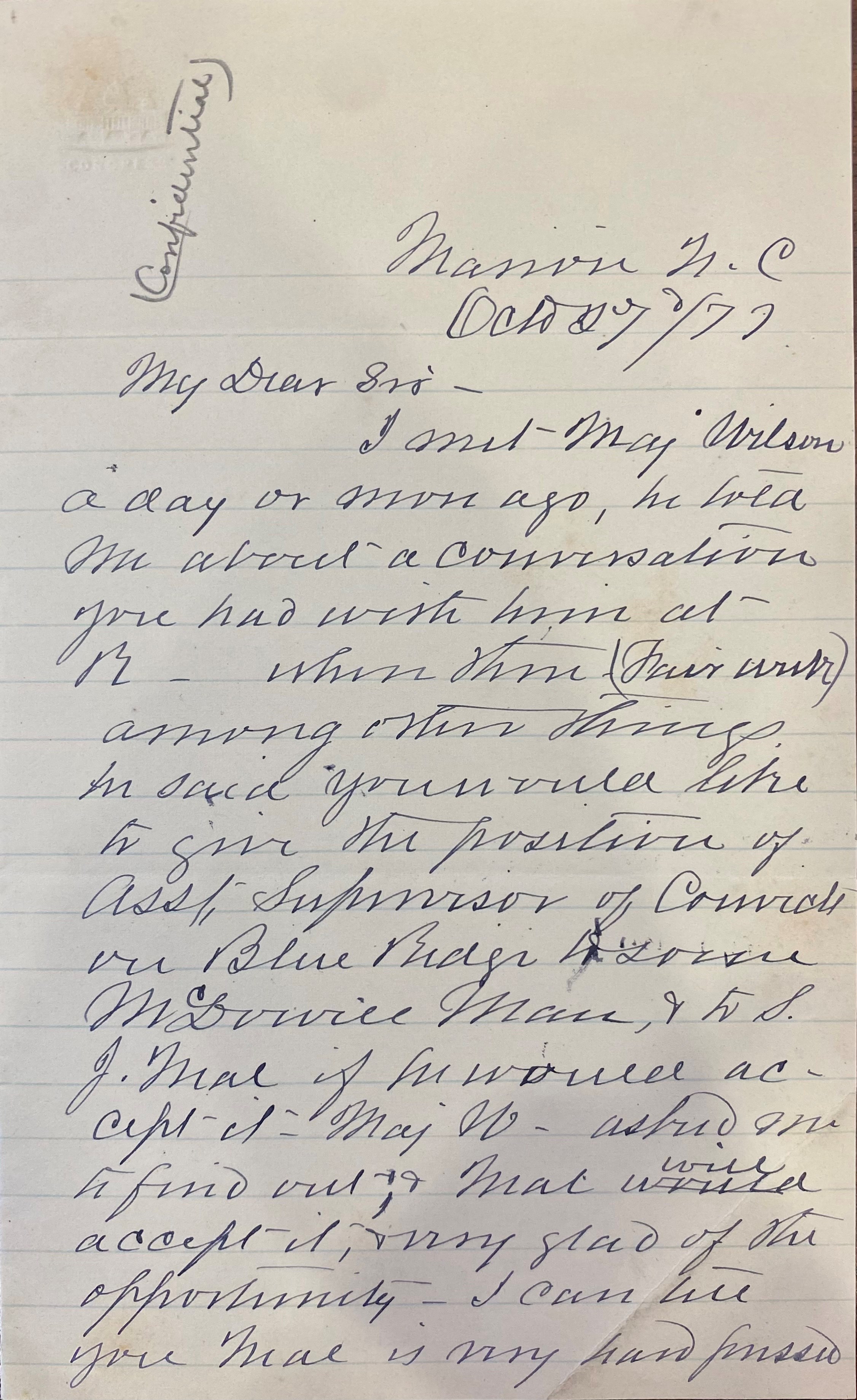 Page one of Letter from A. M. Erwin to Governor Zebulon B. Vance, October 17, 1877