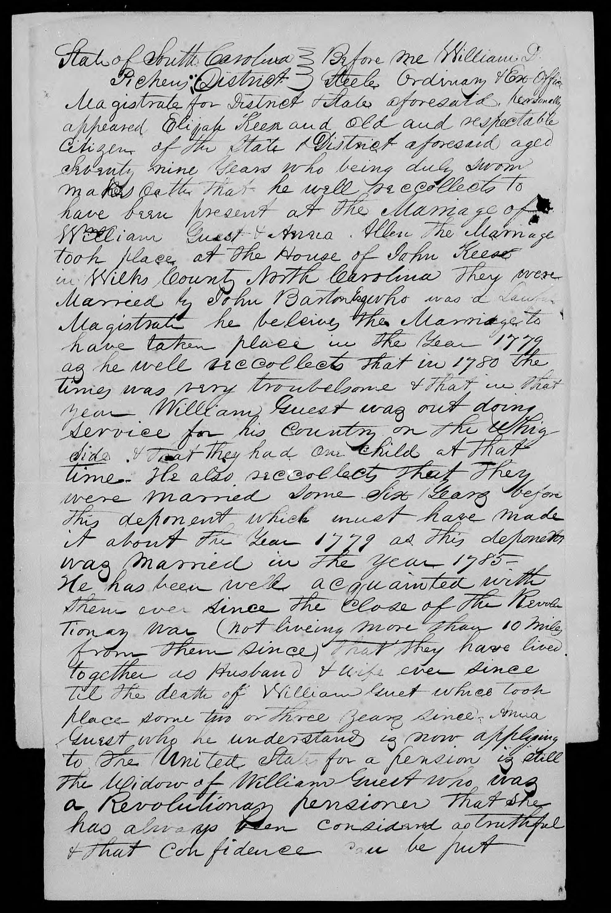 Affidavit of Elijah Keese in support of a Pension Claim for Anna Guest, 4 September 1845, page 1