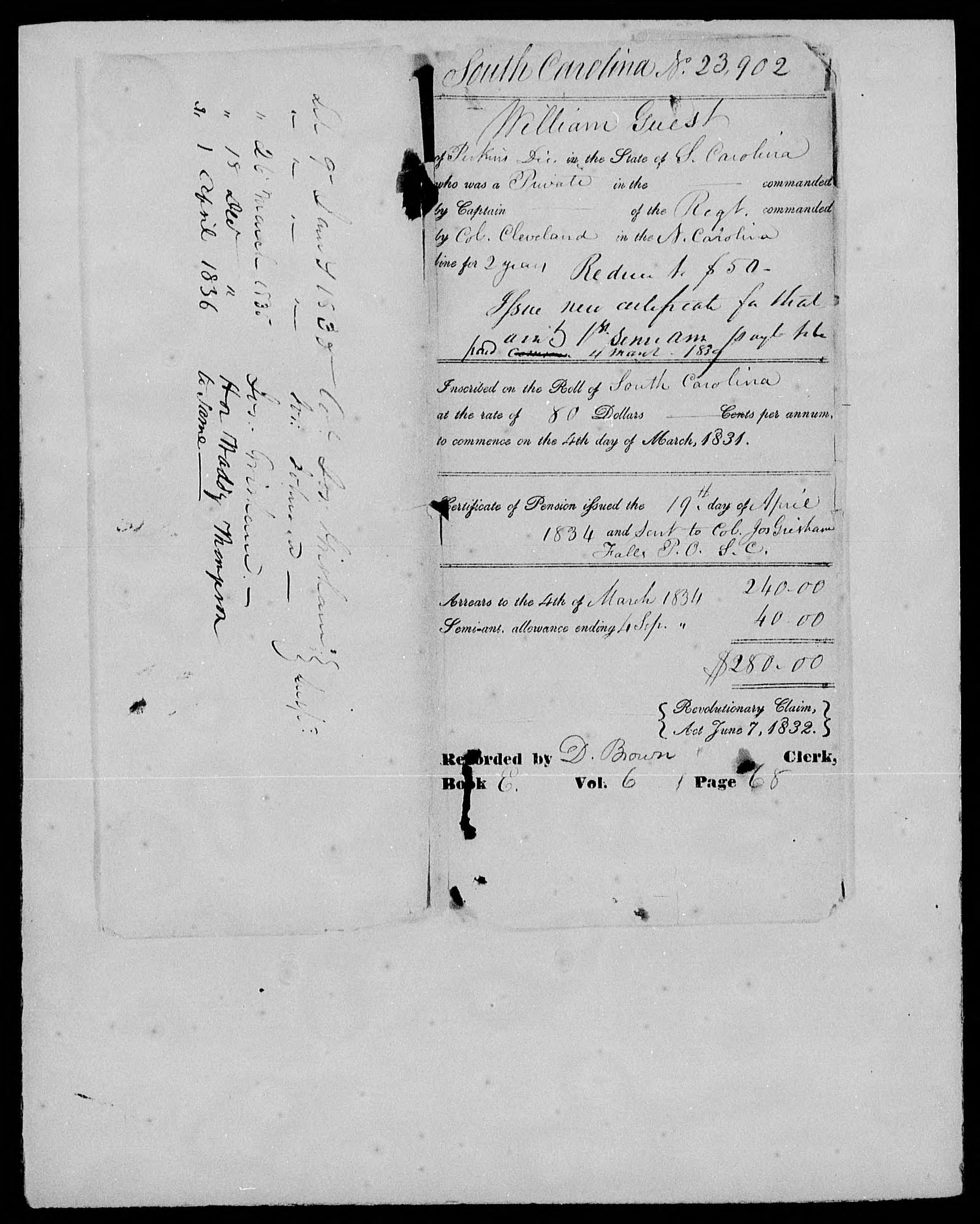 Docket for Pension from the U.S. Pension Office for William Guest, 19 April 1834