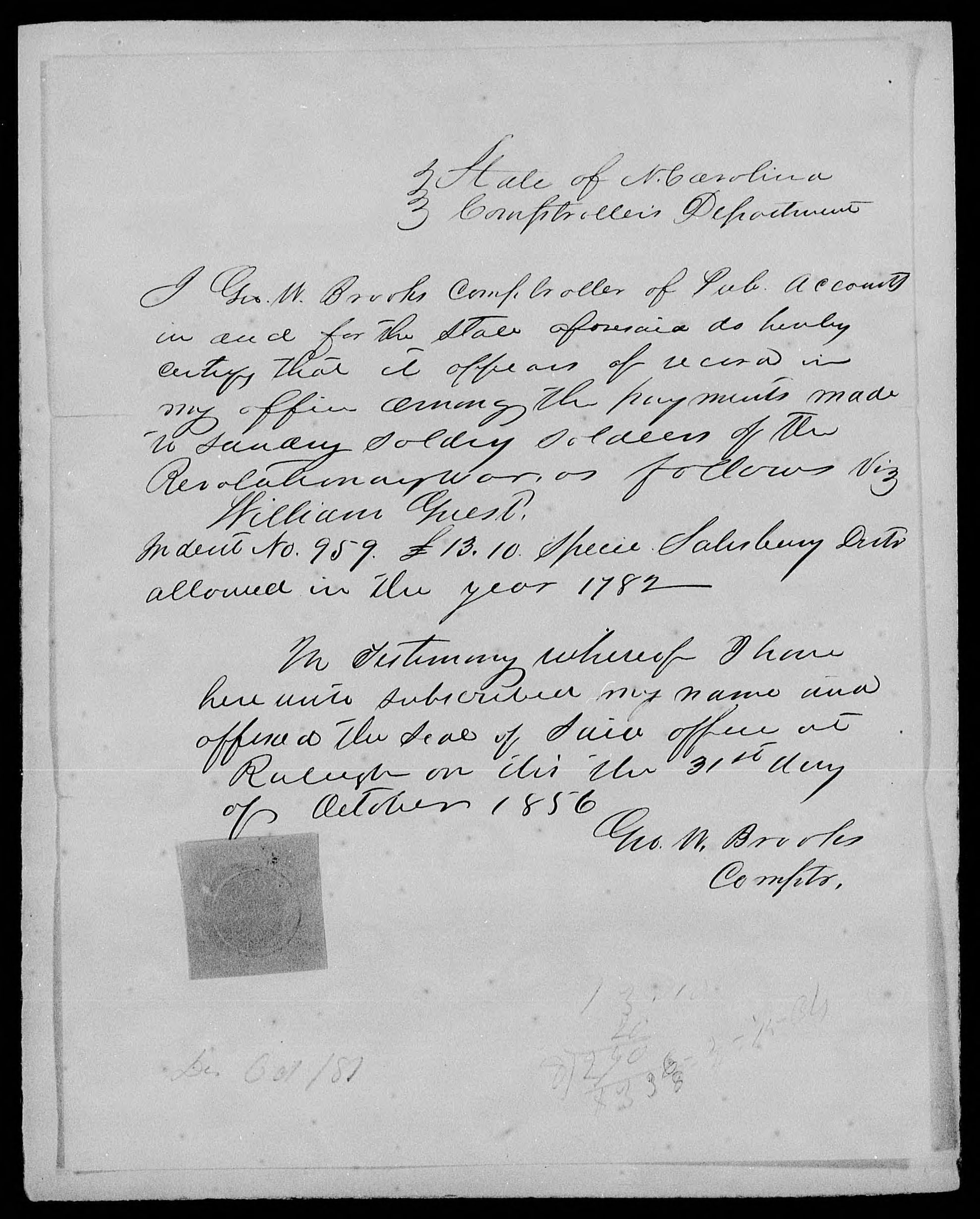 Proof of Service for William Guest, 31 October 1856
