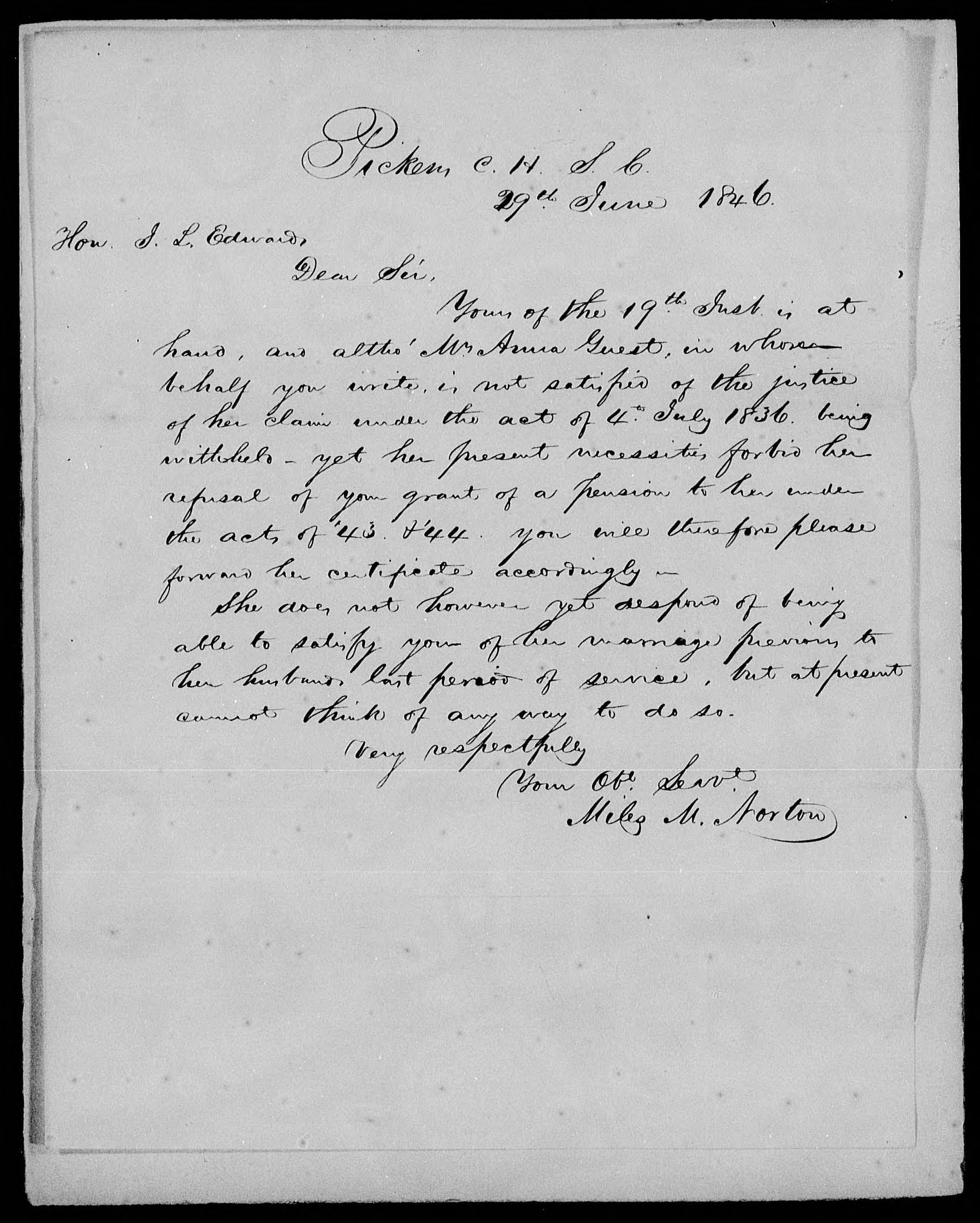 Letter from Miles M. Norton to James L. Edwards, 29 June 1846, page 1
