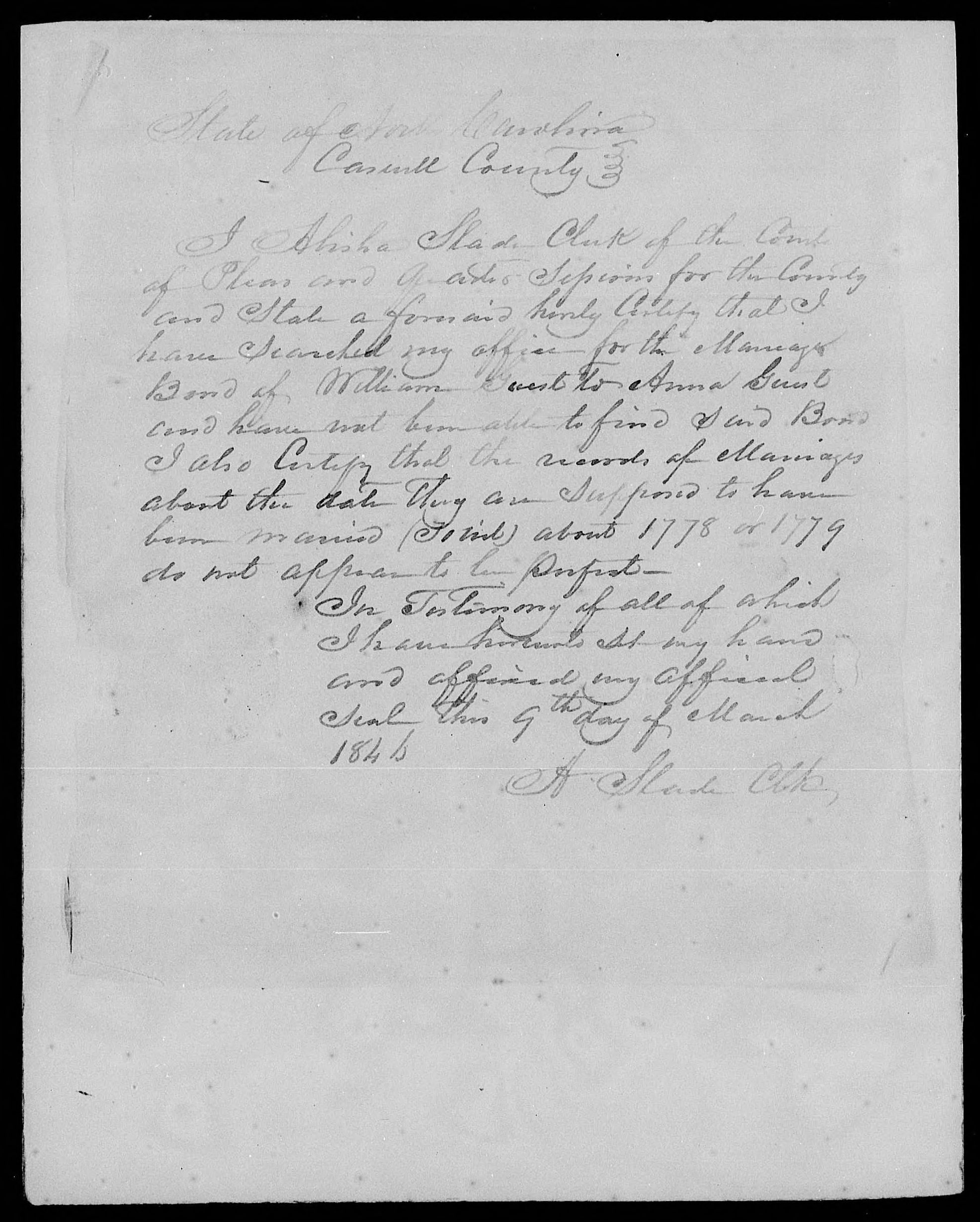 Proof of Marriage for William Guest and Anna Allen, 9 March 1846