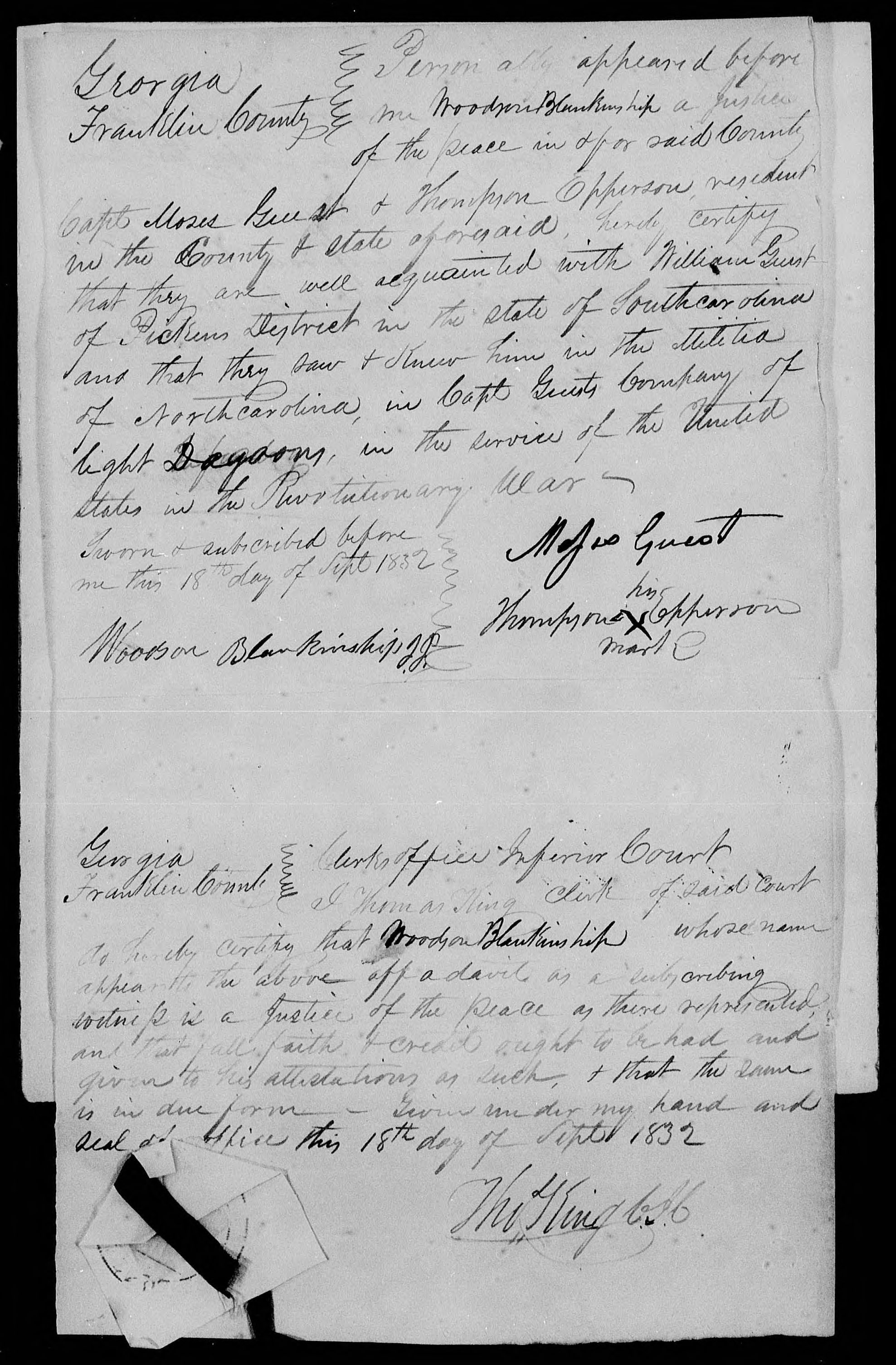Affidavit of Moses Guest and Thompson Epperson in support of a Pension Claim for William Guest, 18 September 1832, page 1