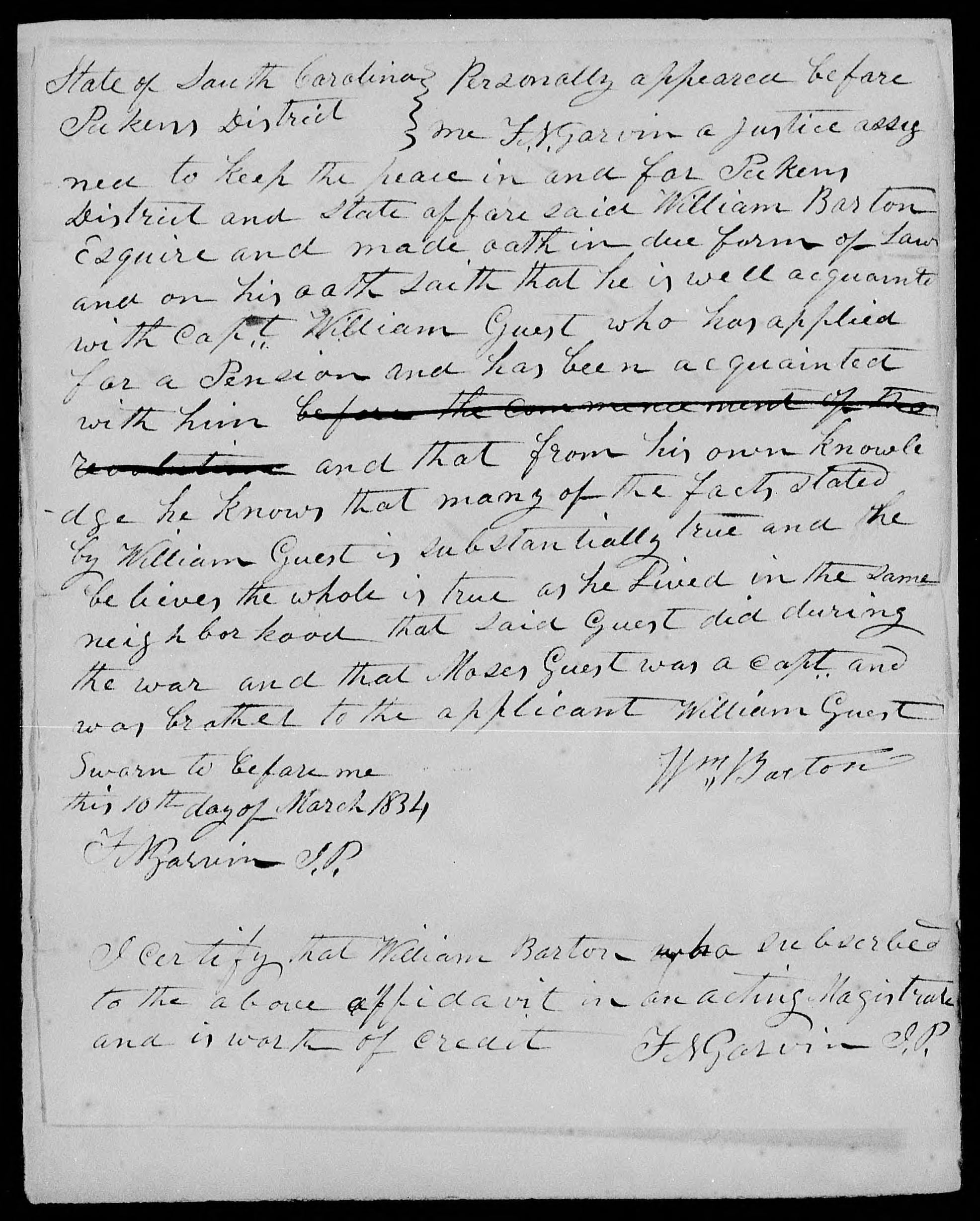 Affidavit of William Barton in support of a Pension Claim for William Guest, 10 March 1834, page 1