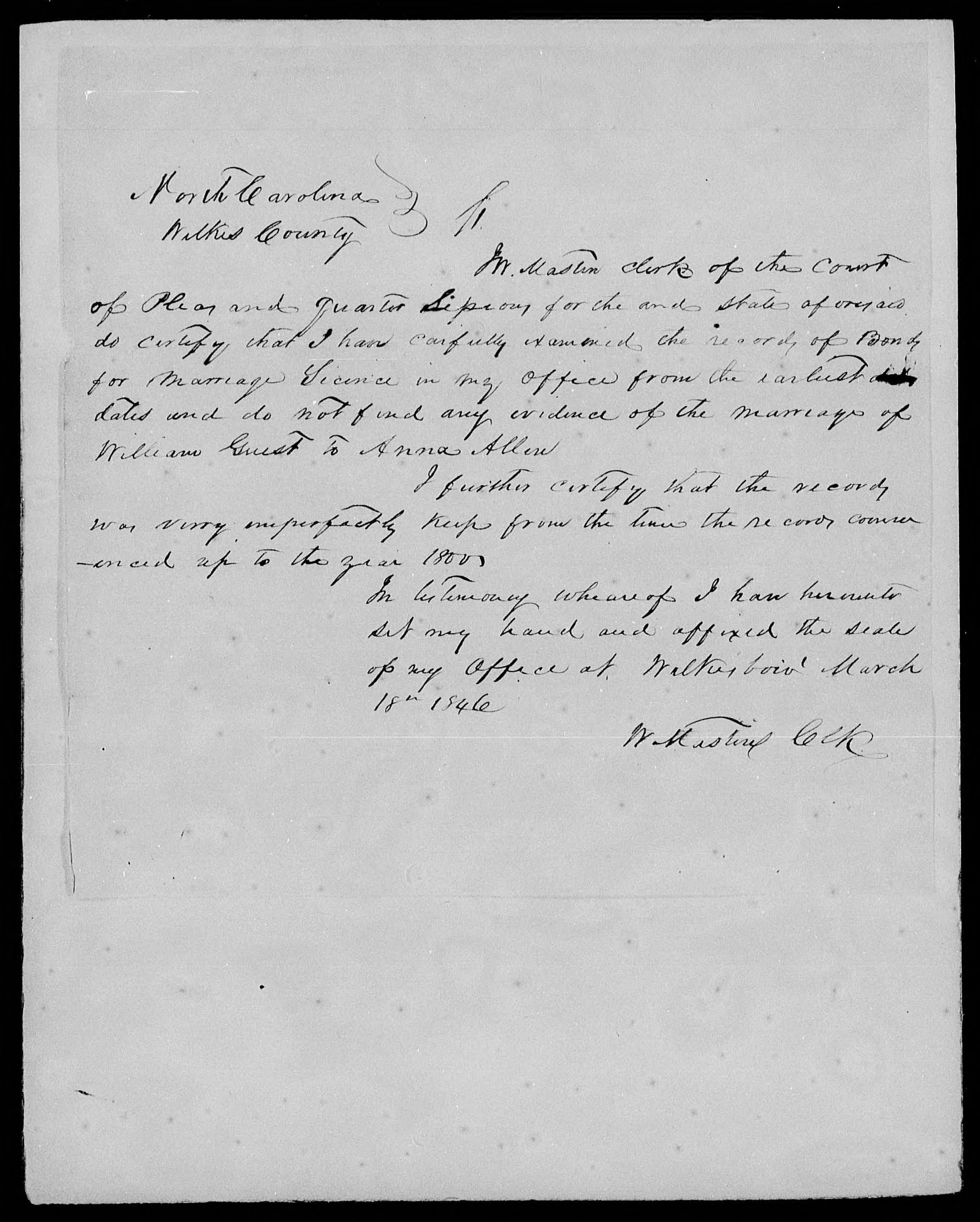 Proof of Marriage for William Guest and Anna Allen, 18 March 1846