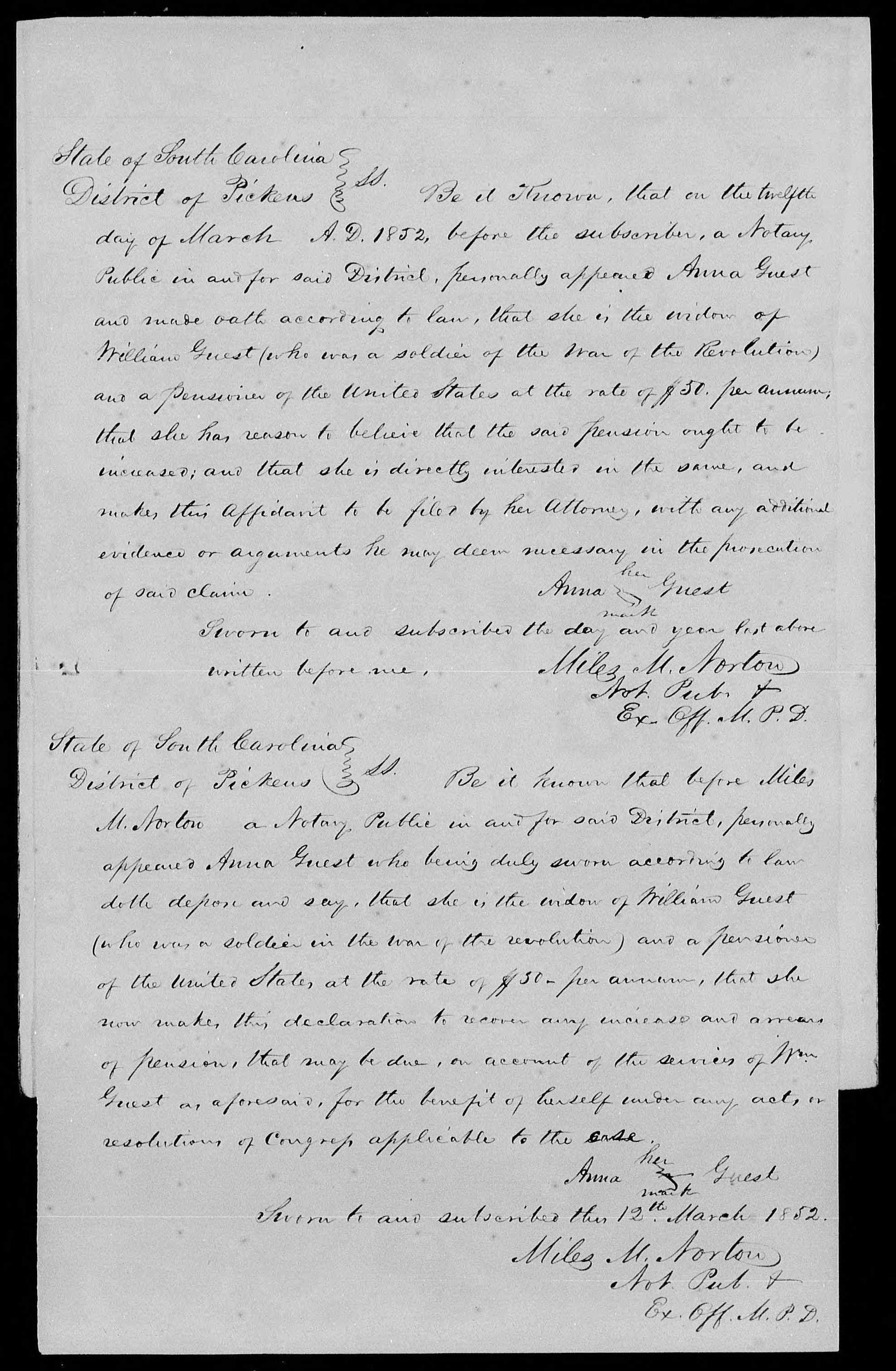Request for Pension Reconsideration from Anne Guest, 12 March 1852