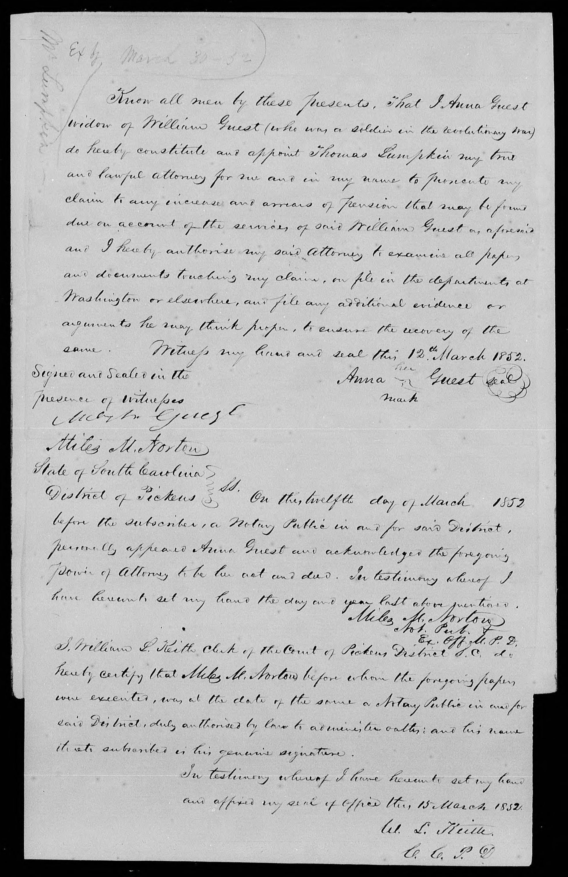 Appointment of Thomas Lumpkin as Anna Guest's Power of Attorney, 12 March 1852