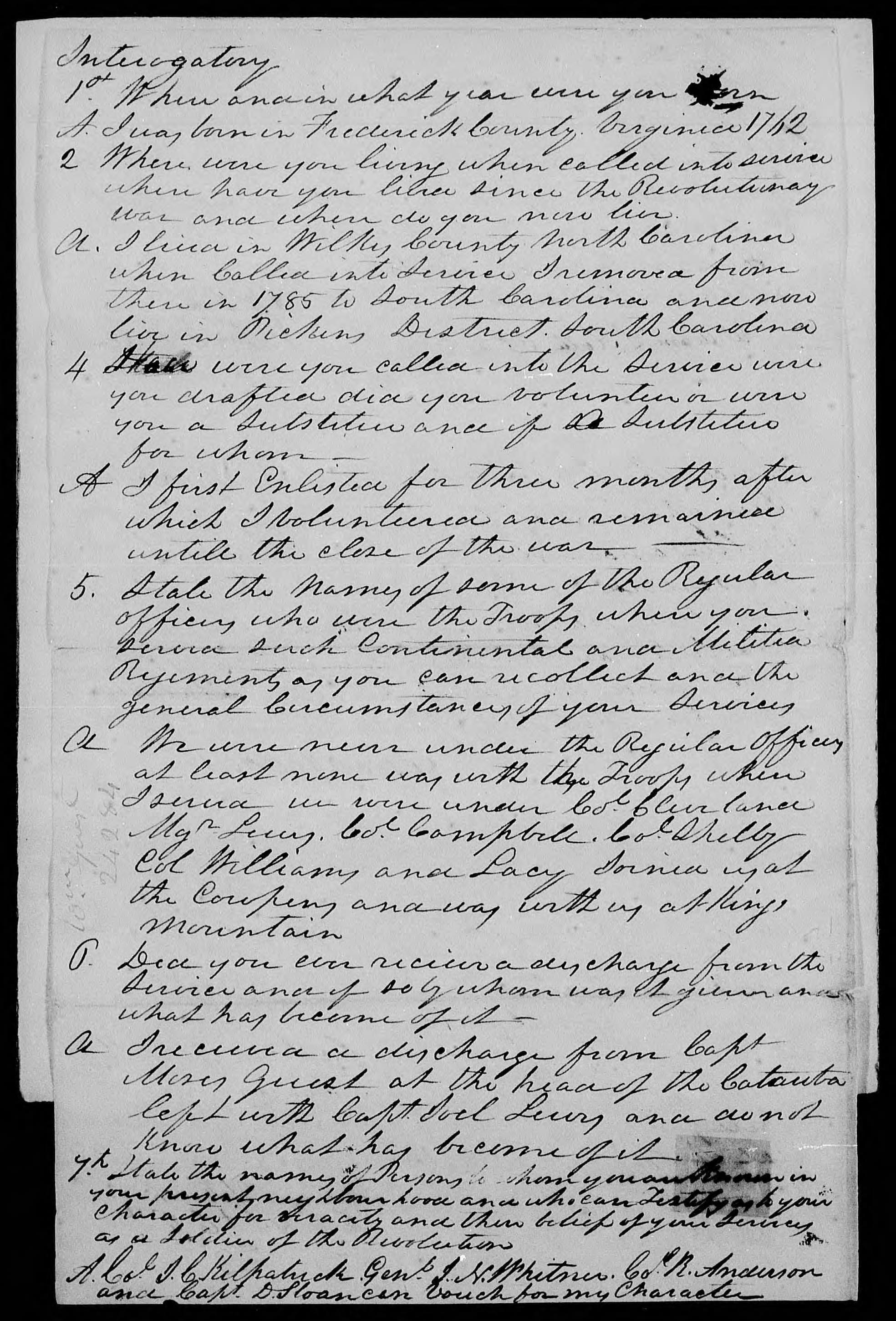Interrogatories for the Pension Claim of William Guest, circa 11 March 1833