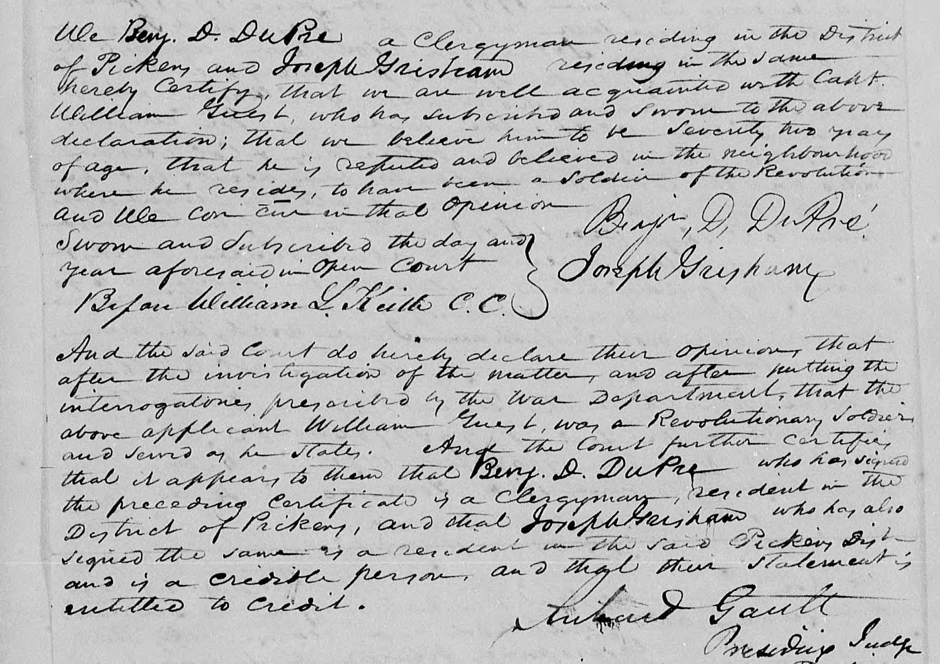 Affidavit of Benjamin D. DuPre and Joseph Grisham in support of a Pension Claim for William Guest, 9 March 1835
