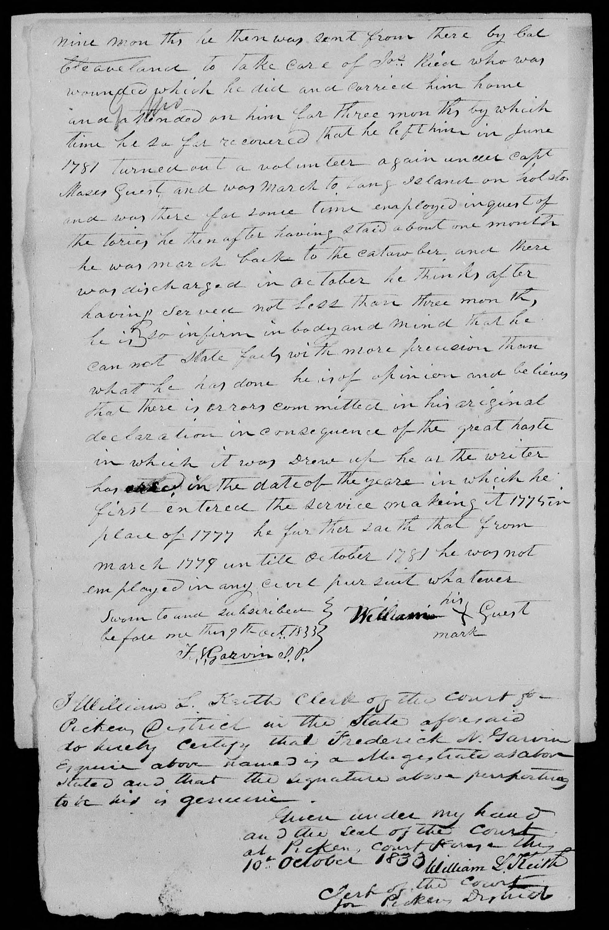 Application for a Veteran's Pension from William Guest, 9 October 1833, page 2