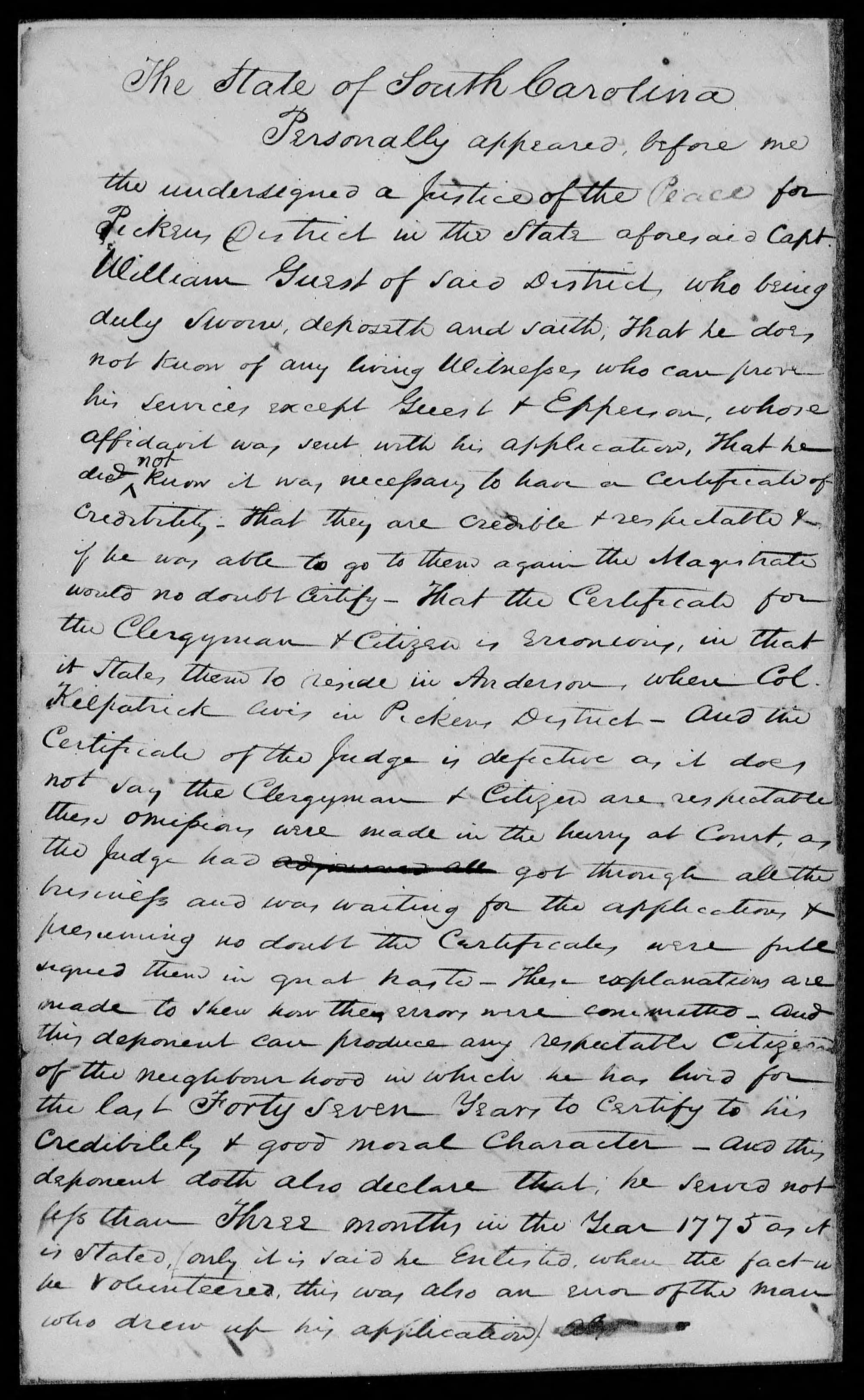 Application for a Veteran's Pension from William Guest, 9 August 1833, page 1