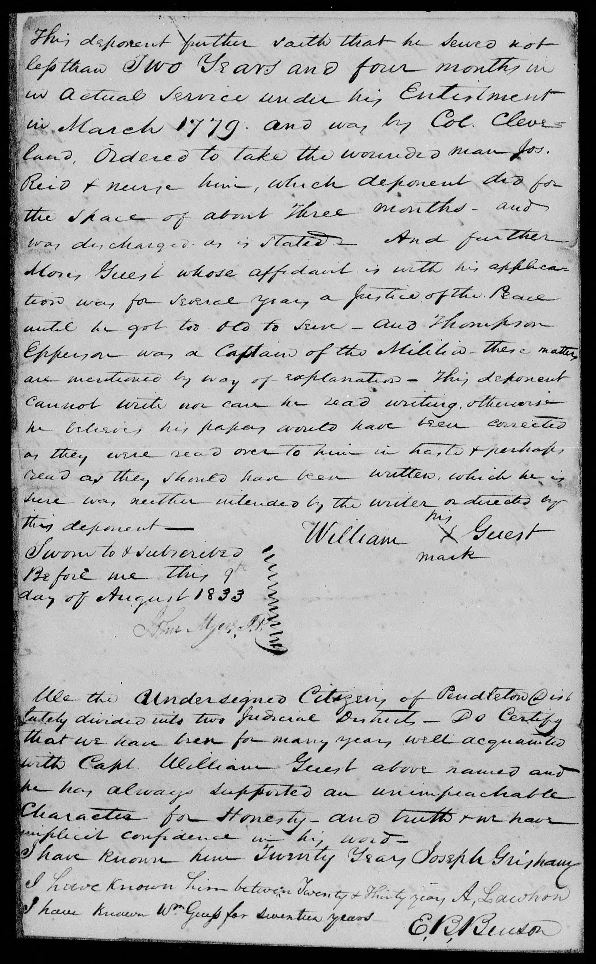 Application for a Veteran's Pension from William Guest, 9 August 1833, page 2