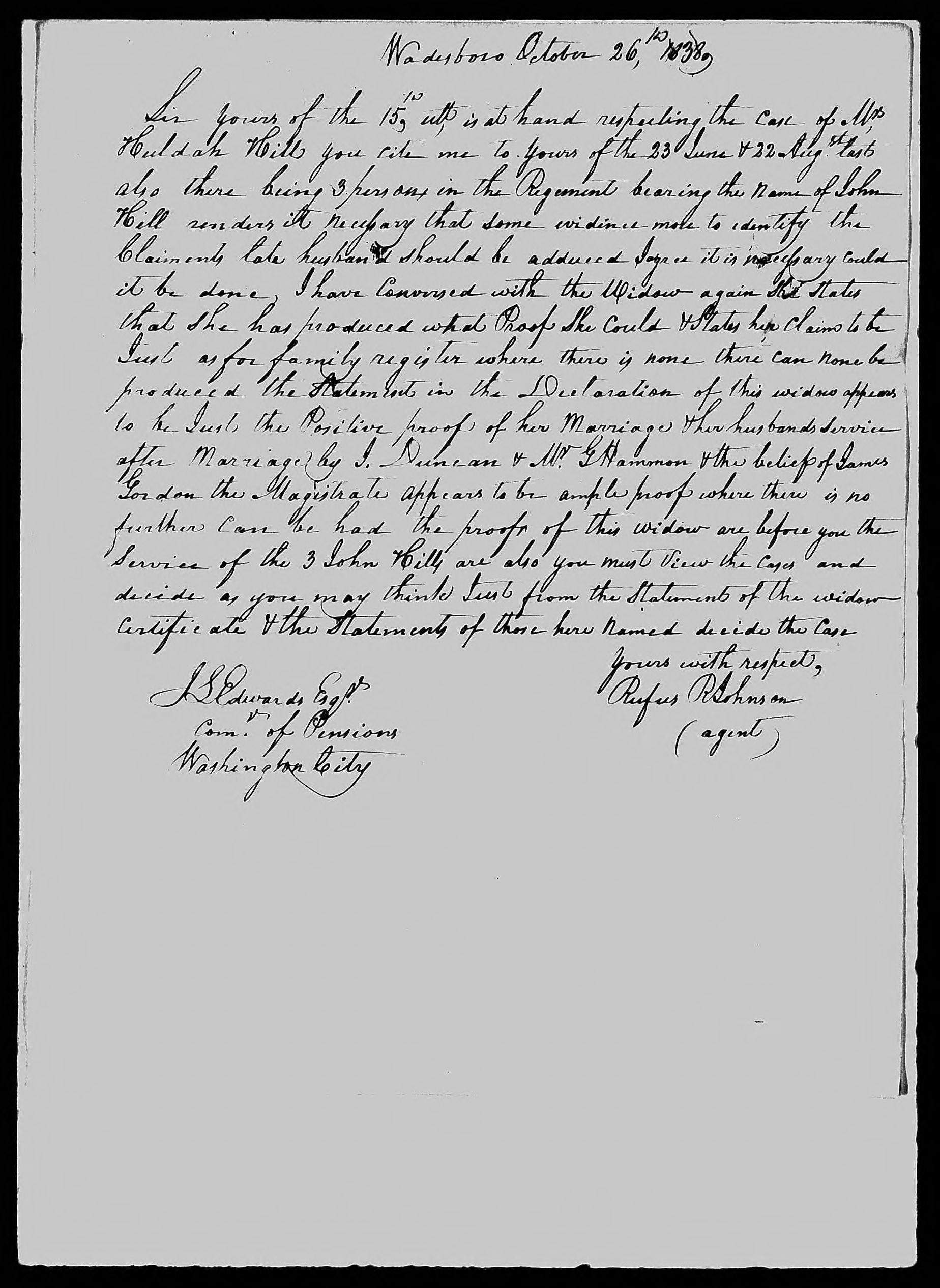 Letter from Rufus R. Johnson to James L. Edwards, 26 October 1838