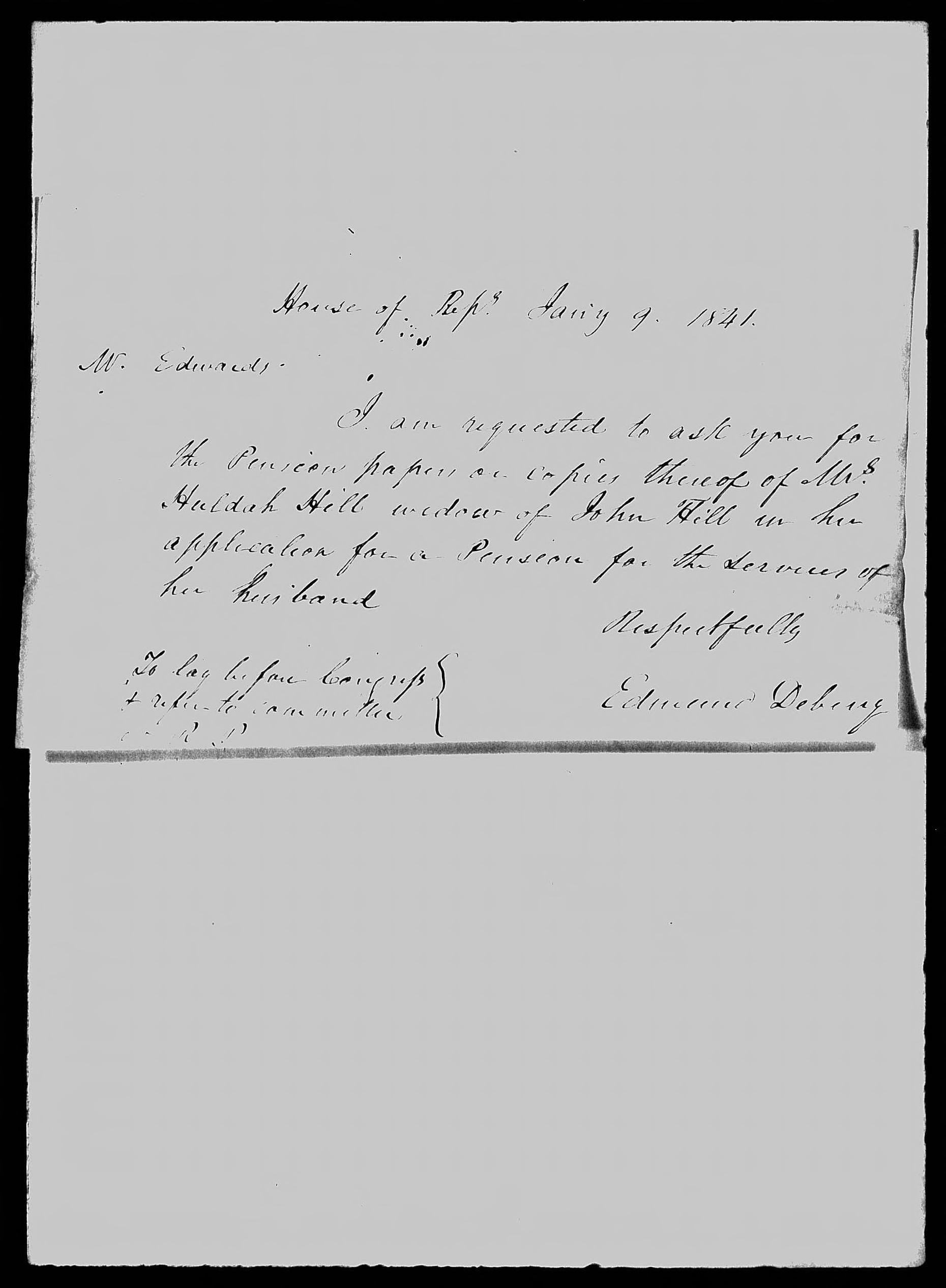 Letter from Edmund Deberry to James L. Edwards, 9 January 1841