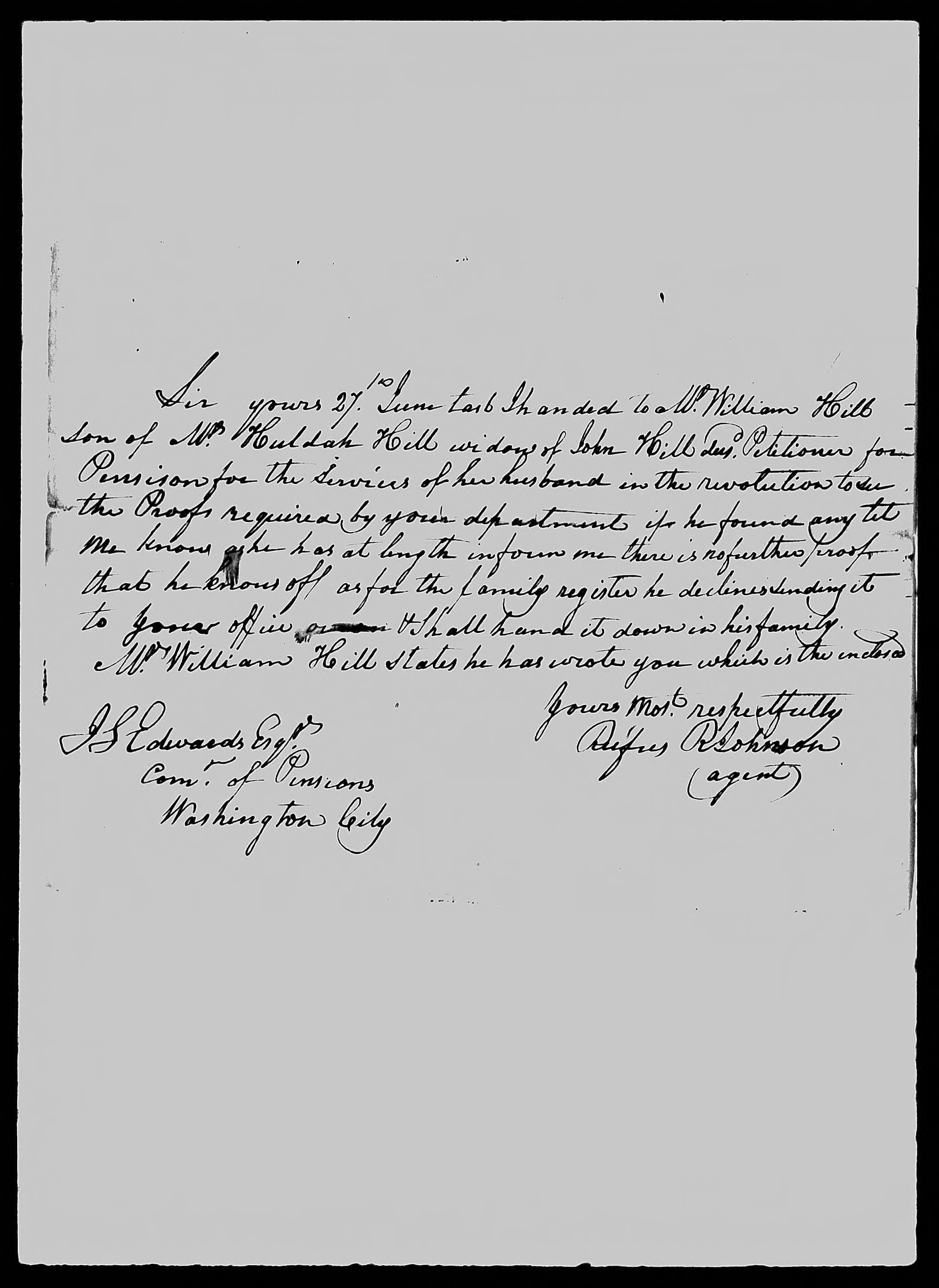 Letter from Rusfus R. Johnson to James L. Edwards, circa 9 October 1840, page 1