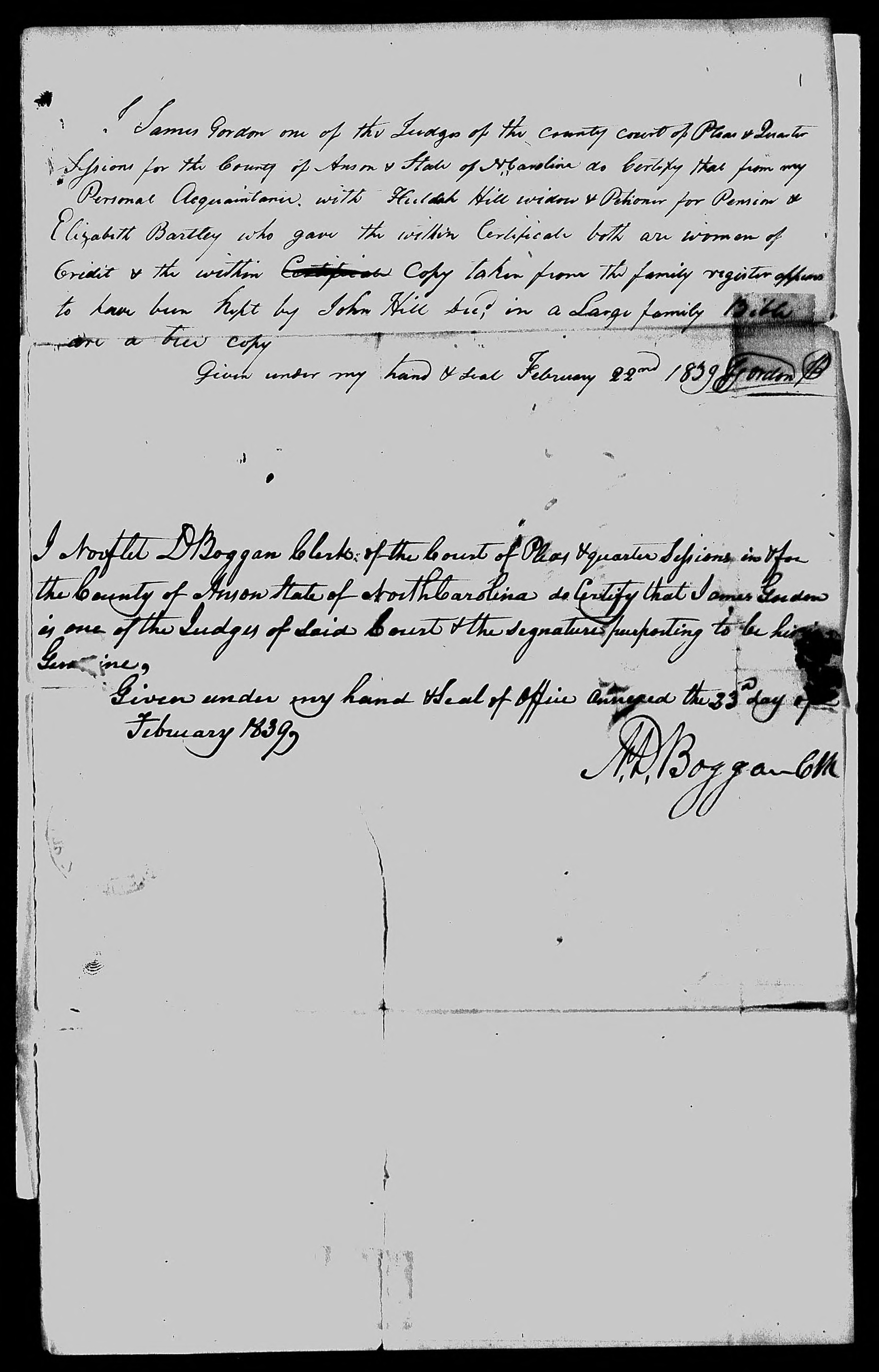 Affidavit of Huldah Hill in support of her Pension Claim, 22 February 1839, page 3
