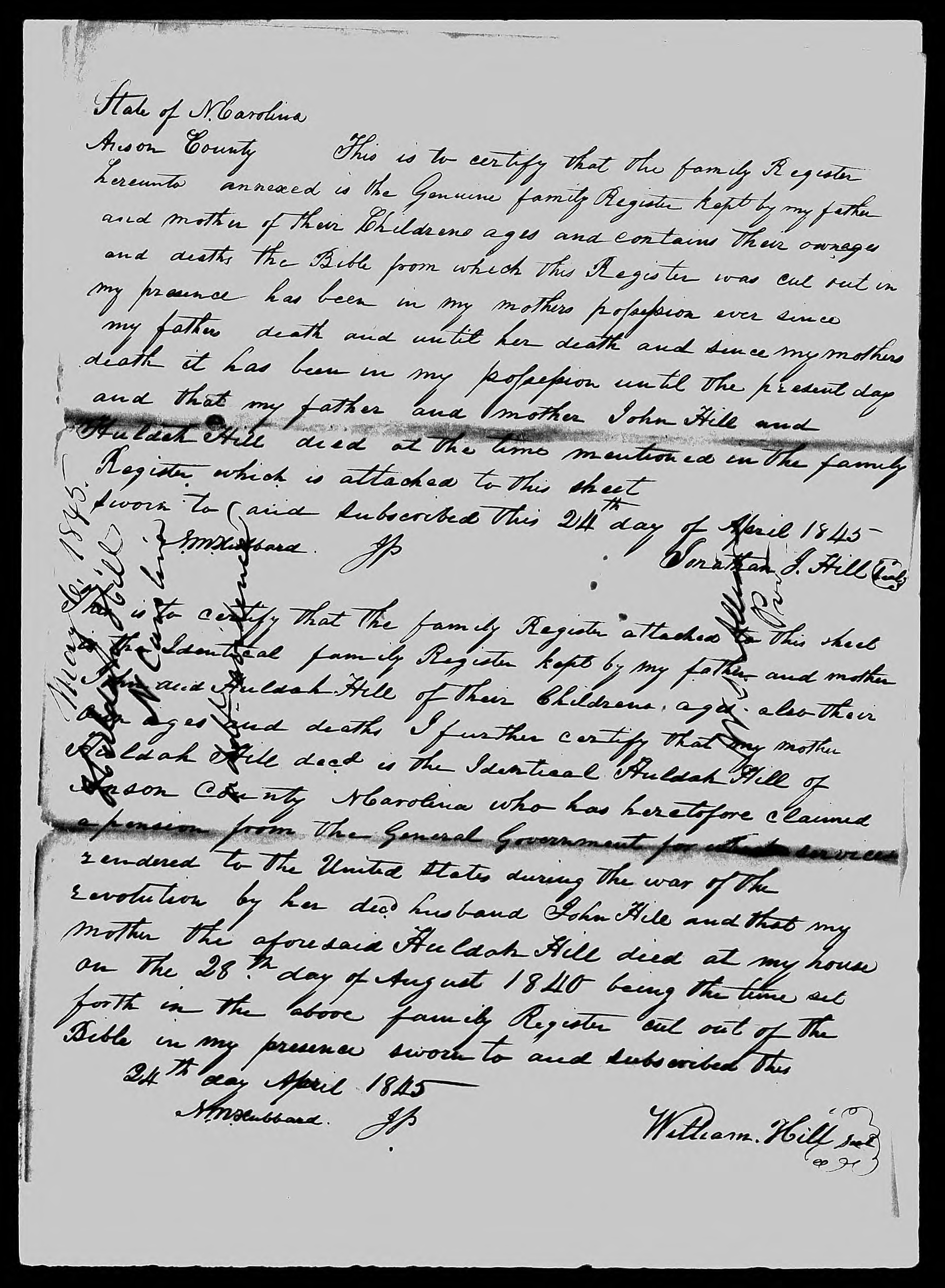 Affidavit of Jonathan J. Hill and William Hill in support of a Pension Claim for Huldah Hill, 24 April 1845, page 1