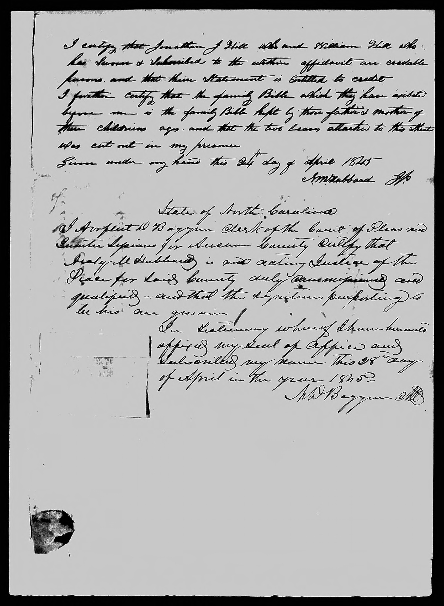 Affidavit of Jonathan J. Hill and William Hill in support of a Pension Claim for Huldah Hill, 24 April 1845, page 2