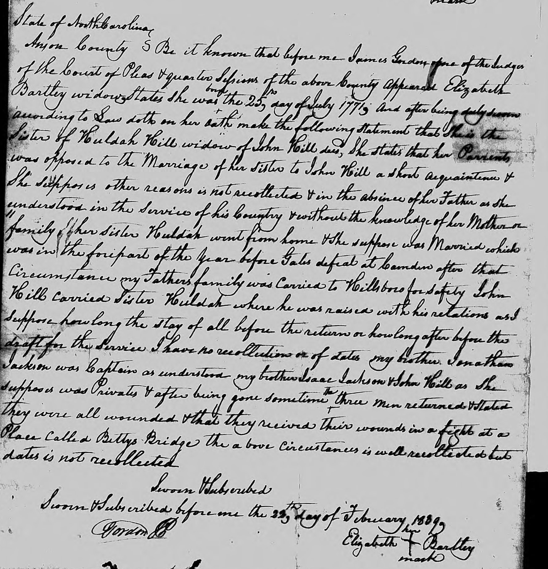 Affidavit of Elizabeth Bartley in support of a Pension Claim for Huldah Hill, 22 February 1839