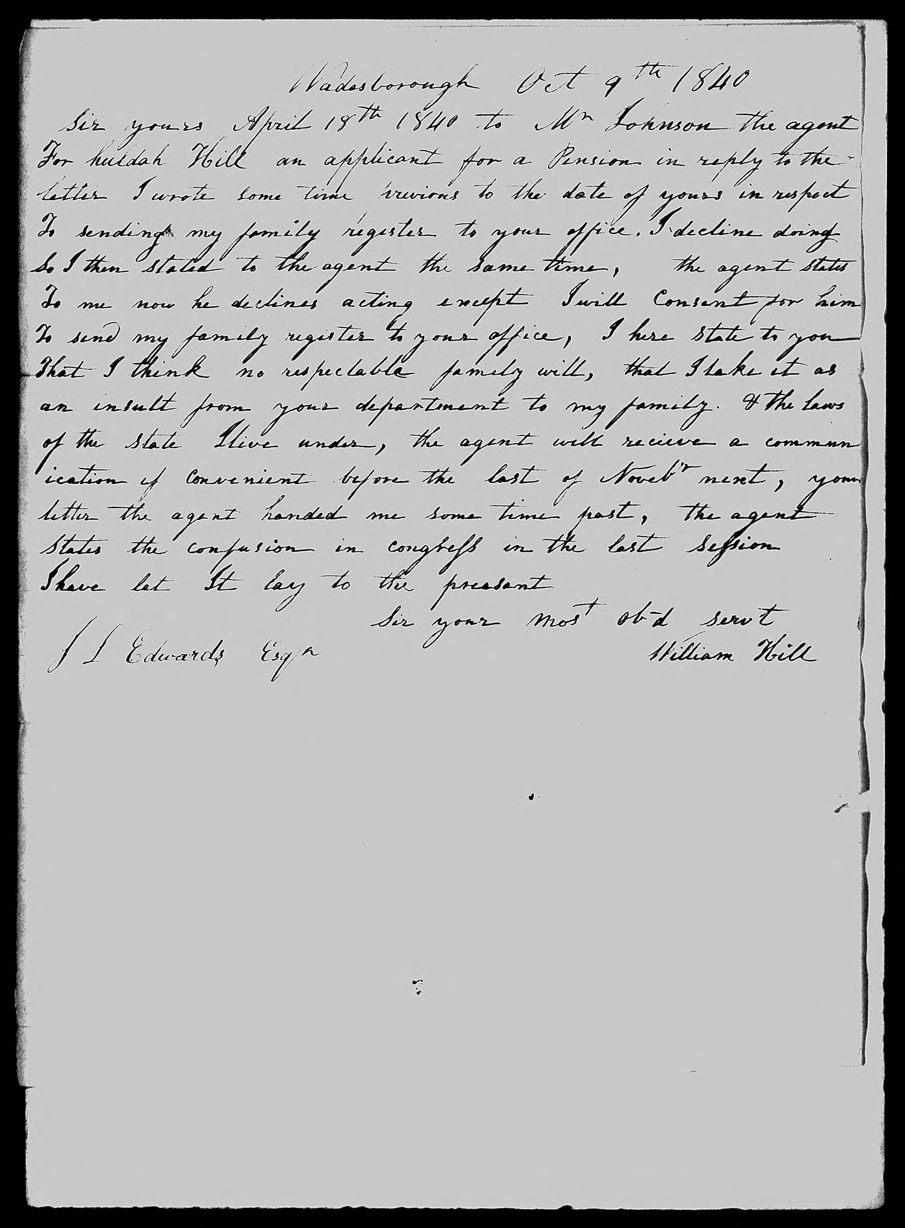 Letter from William Hill to James L. Edwards, 9 October 1840