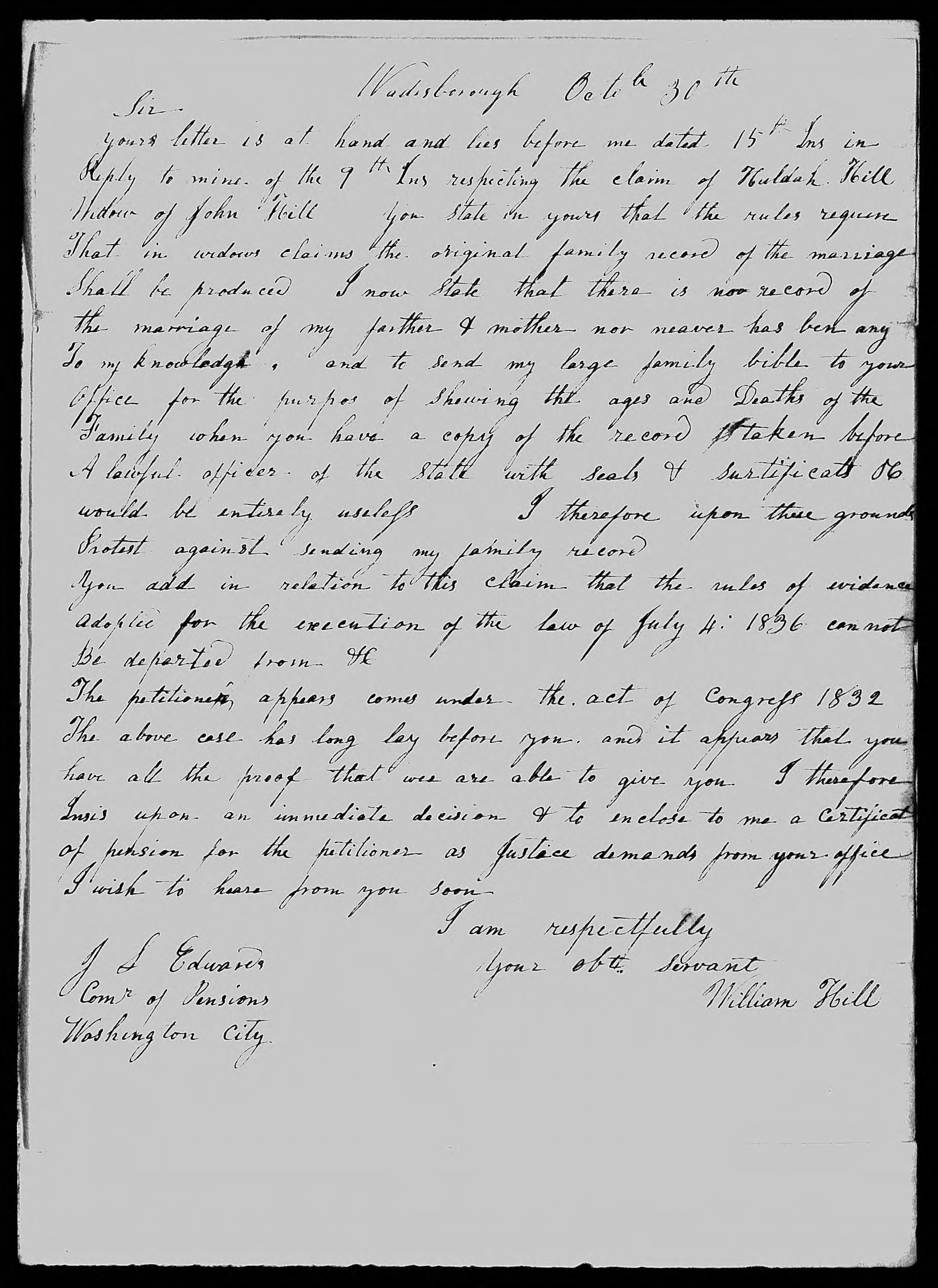 Letter from William Hill to James L. Edwards, 30 October 1840