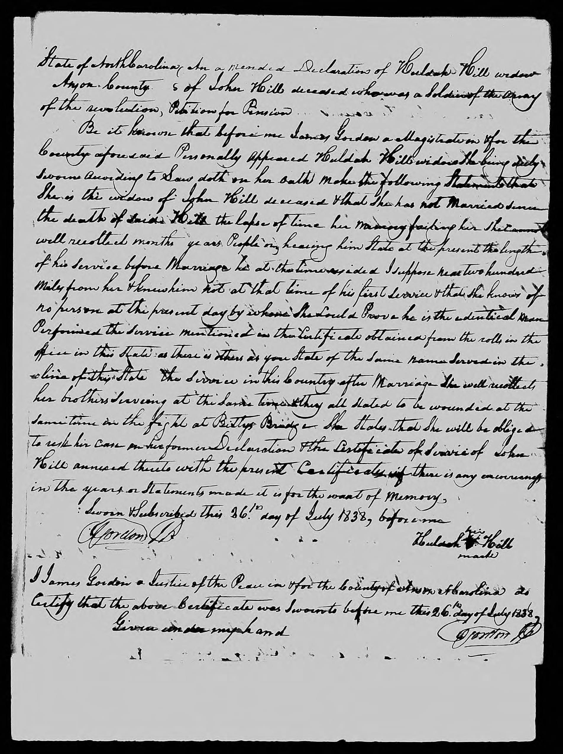 Application for a Widow's Pension from Huldah Hill, 26 July 1838