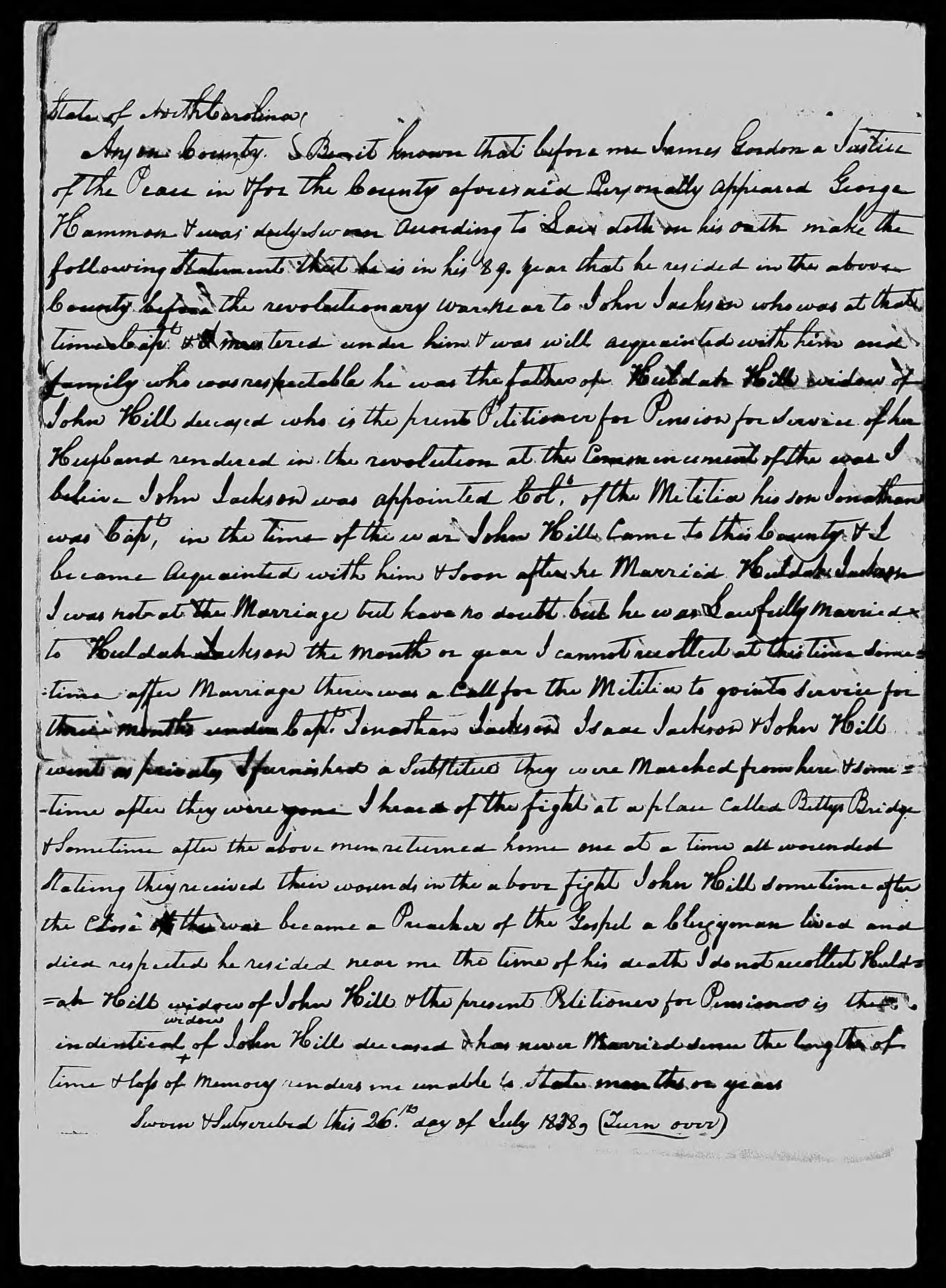 Affidavit of George Hammon in support of a Pension Claim for Huldah Hill, 26 July 1838, page 1