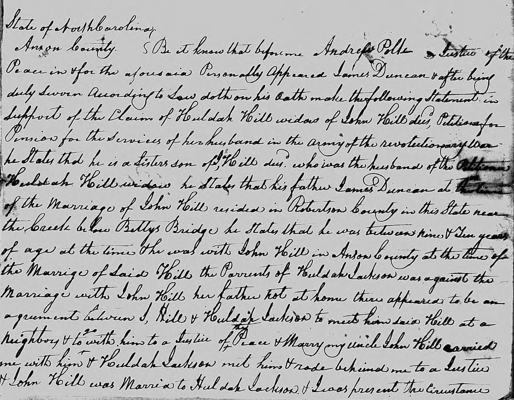 Affidavit of James Duncan in support of a Pension Claim for Huldah Hill, 30 July 1838, page 1