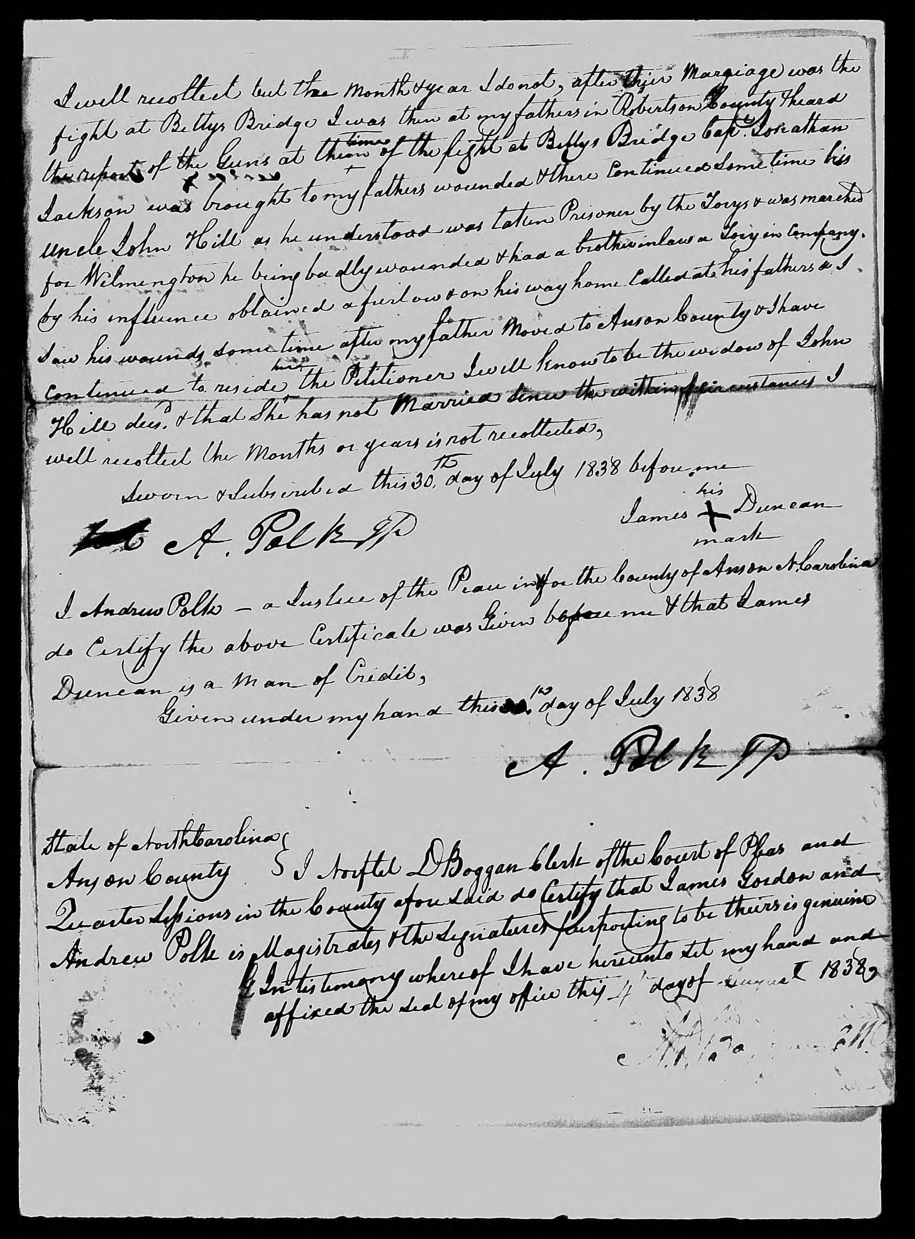 Affidavit of James Duncan in support of a Pension Claim for Huldah Hill, 30 July 1838, page 2