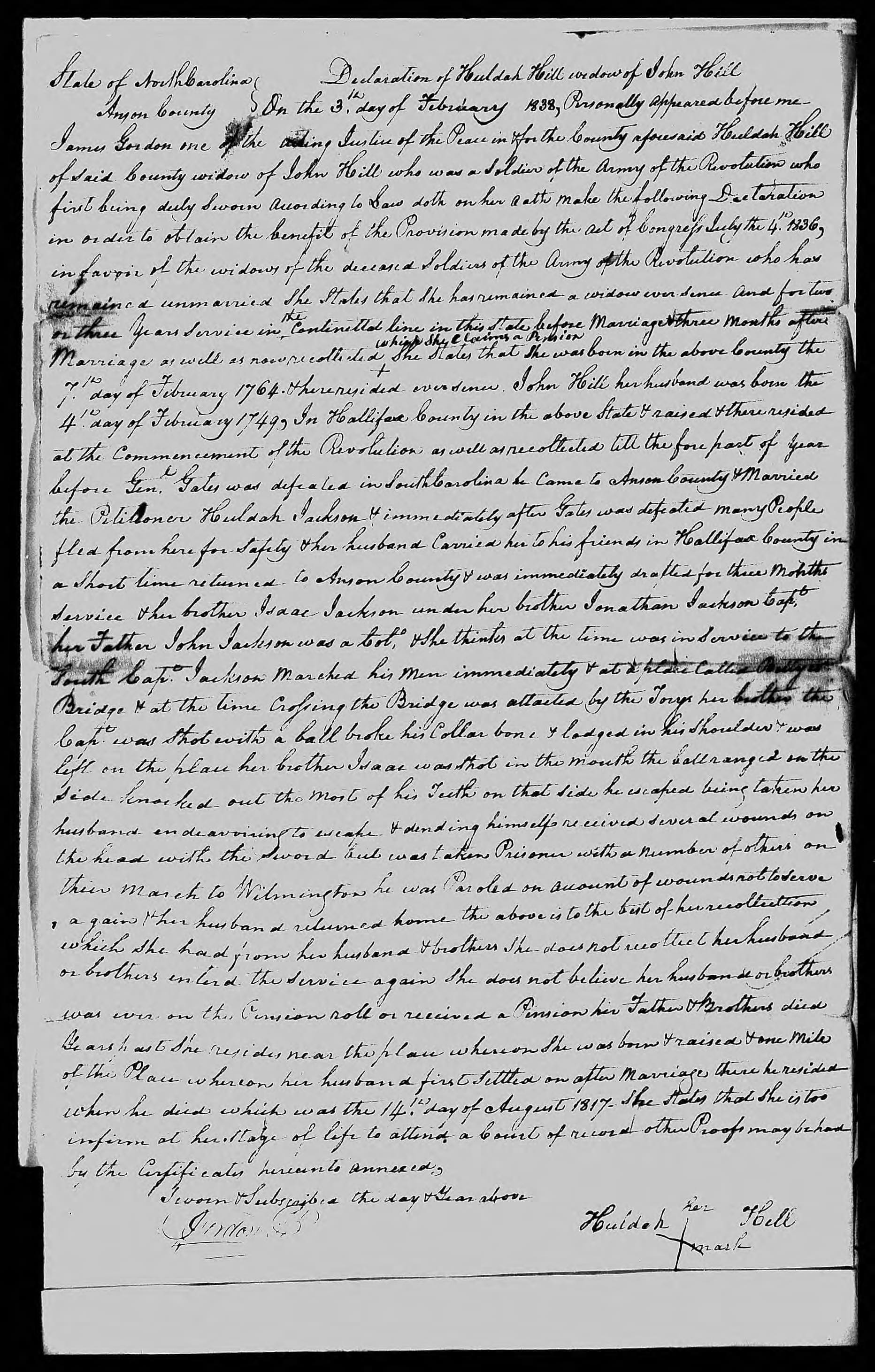 Application for a Widow's Pension from Huldah Hill, 3 February 1838, page 1