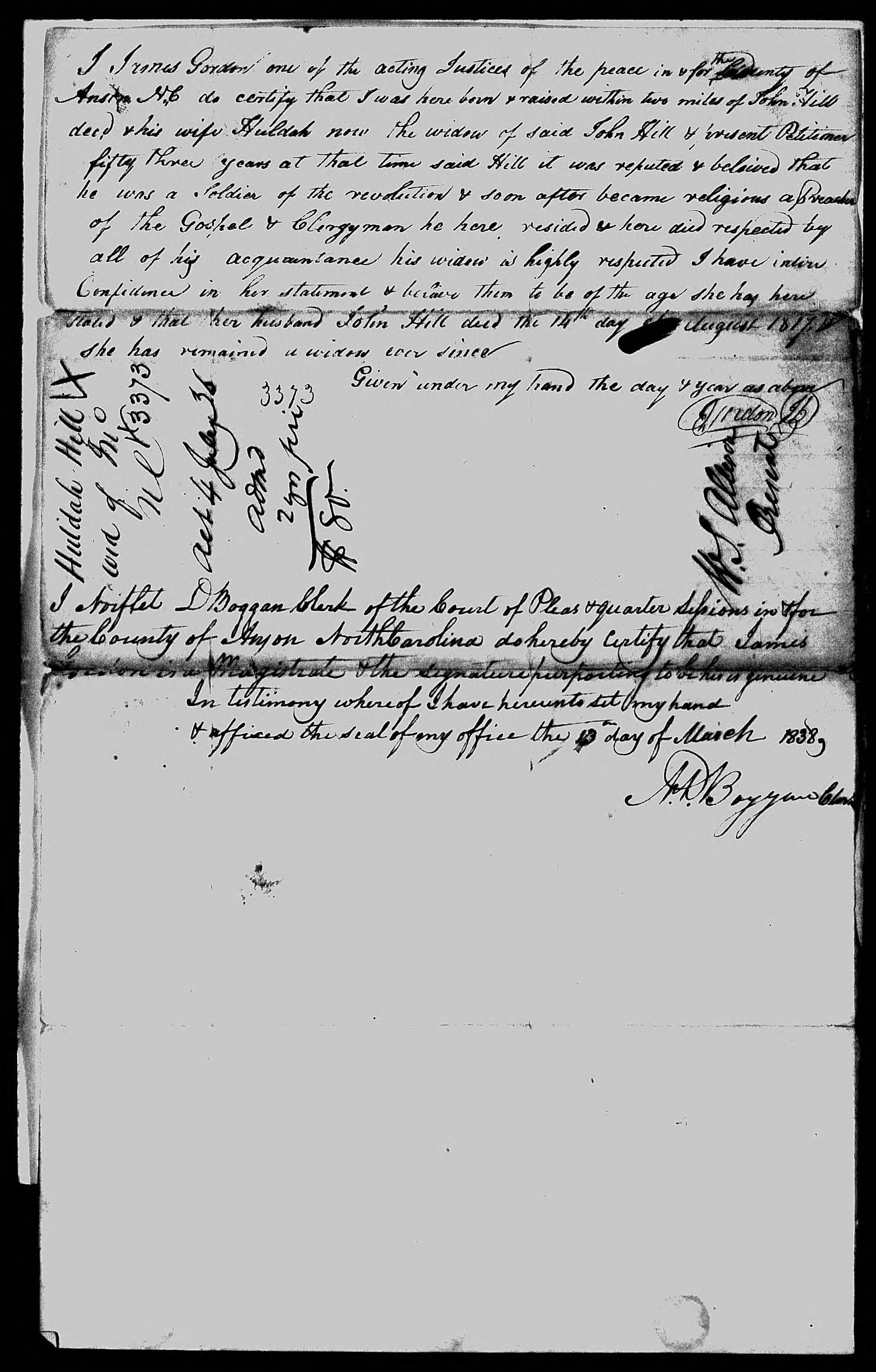 Application for a Widow's Pension from Huldah Hill, 3 February 1838, page 2