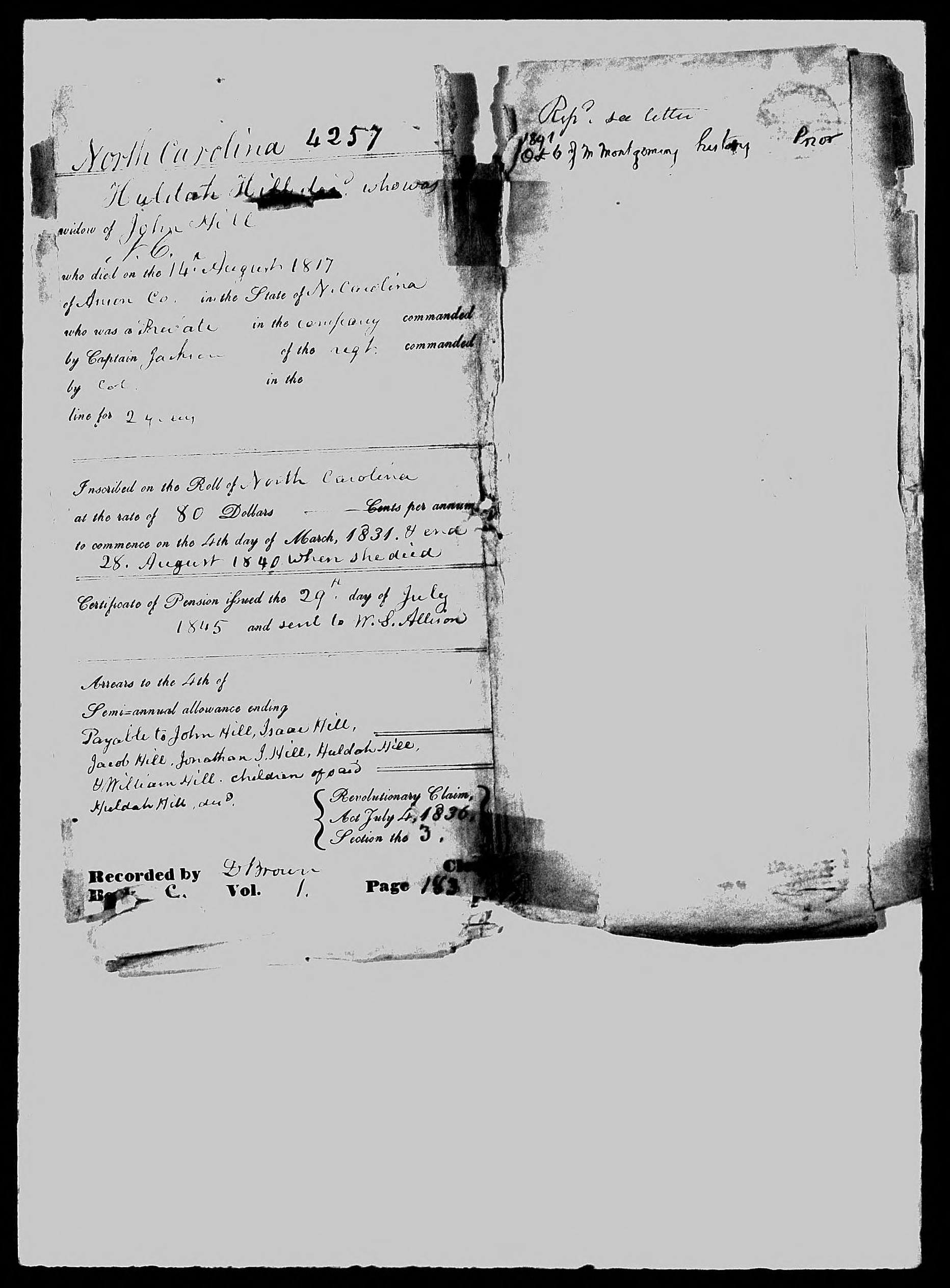 Docket for Widow's Pension from the U.S. Pension Office for Huldah Hill, 29 July 1845