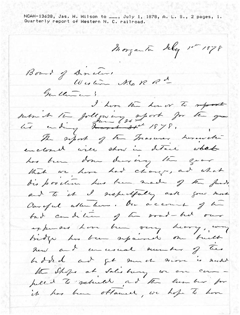 Page 1 of Letter from James W. Wilson to Zebulon B. Vance, 1July 1878